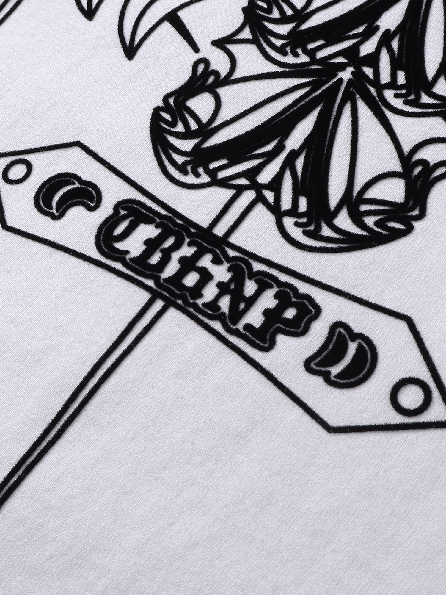 Close-up of the emblem and shadowbat print on TBHNP Emblem & Shadowbat tee — men's streetwear detail