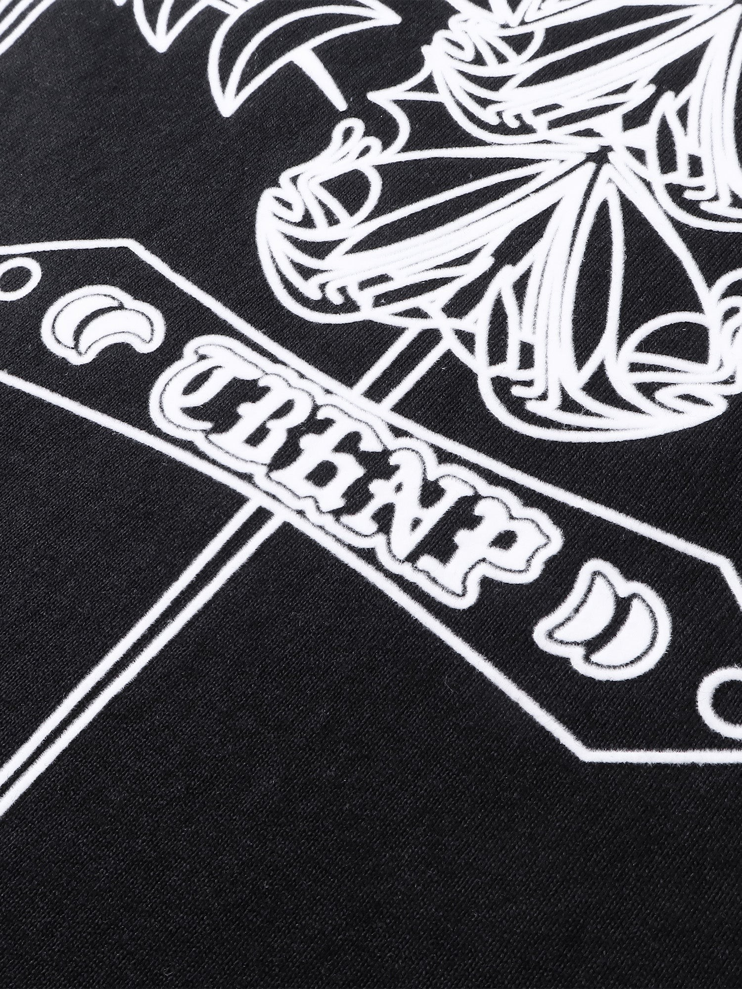 Close-up of the emblem and shadowbat back print on TBHNP black tee — men's streetwear detail