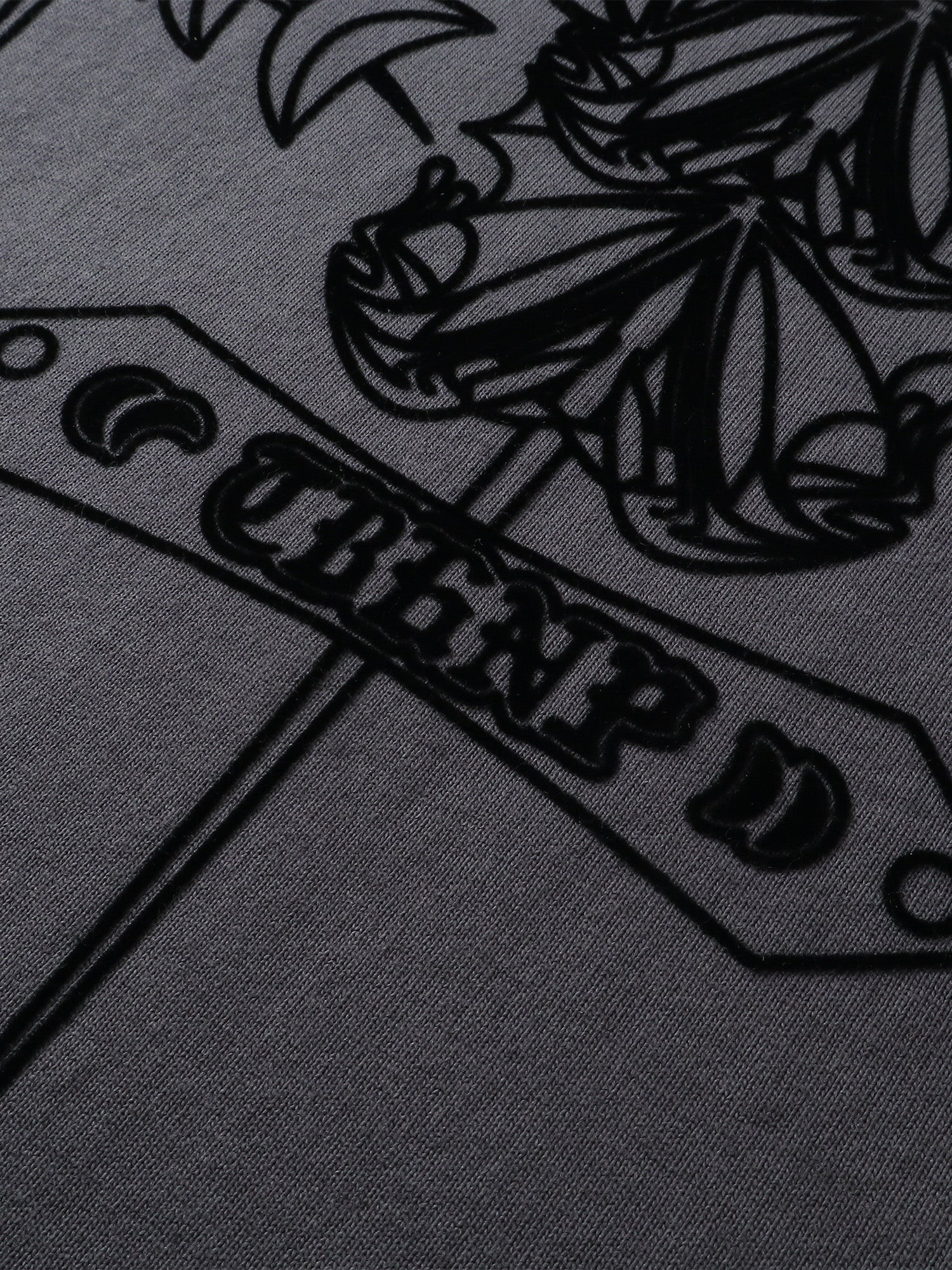 Close-up of the emblem print detail on TBHNP dark grey Emblem & Shadowbat tee — men's streetwear detail