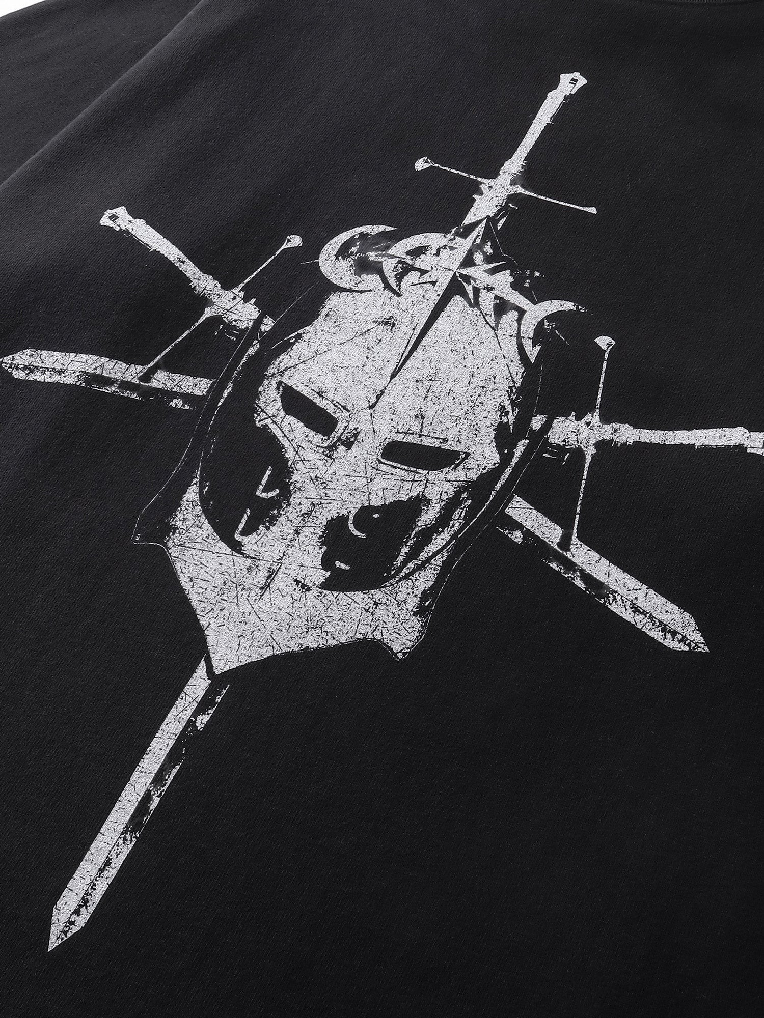 Close-up of the hem on TBHNP dark grey Knight & Sword tee — men's streetwear detail