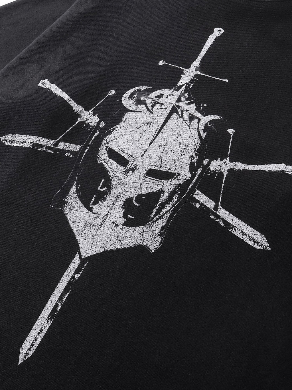 Close-up of the hem on TBHNP dark grey Knight & Sword tee — men's streetwear detail
