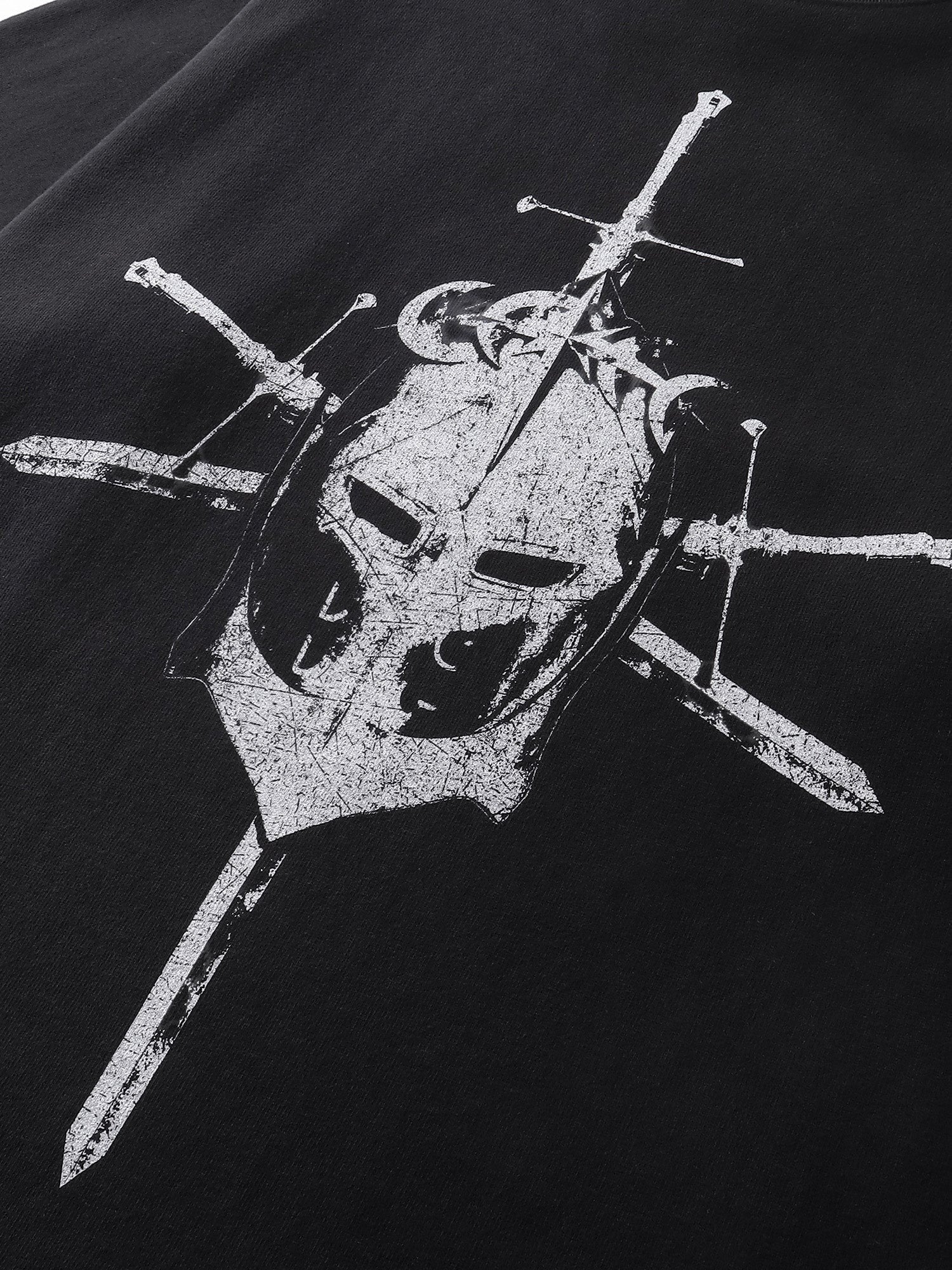 Close-up of the hem on TBHNP dark grey Knight & Sword tee — men's streetwear detail