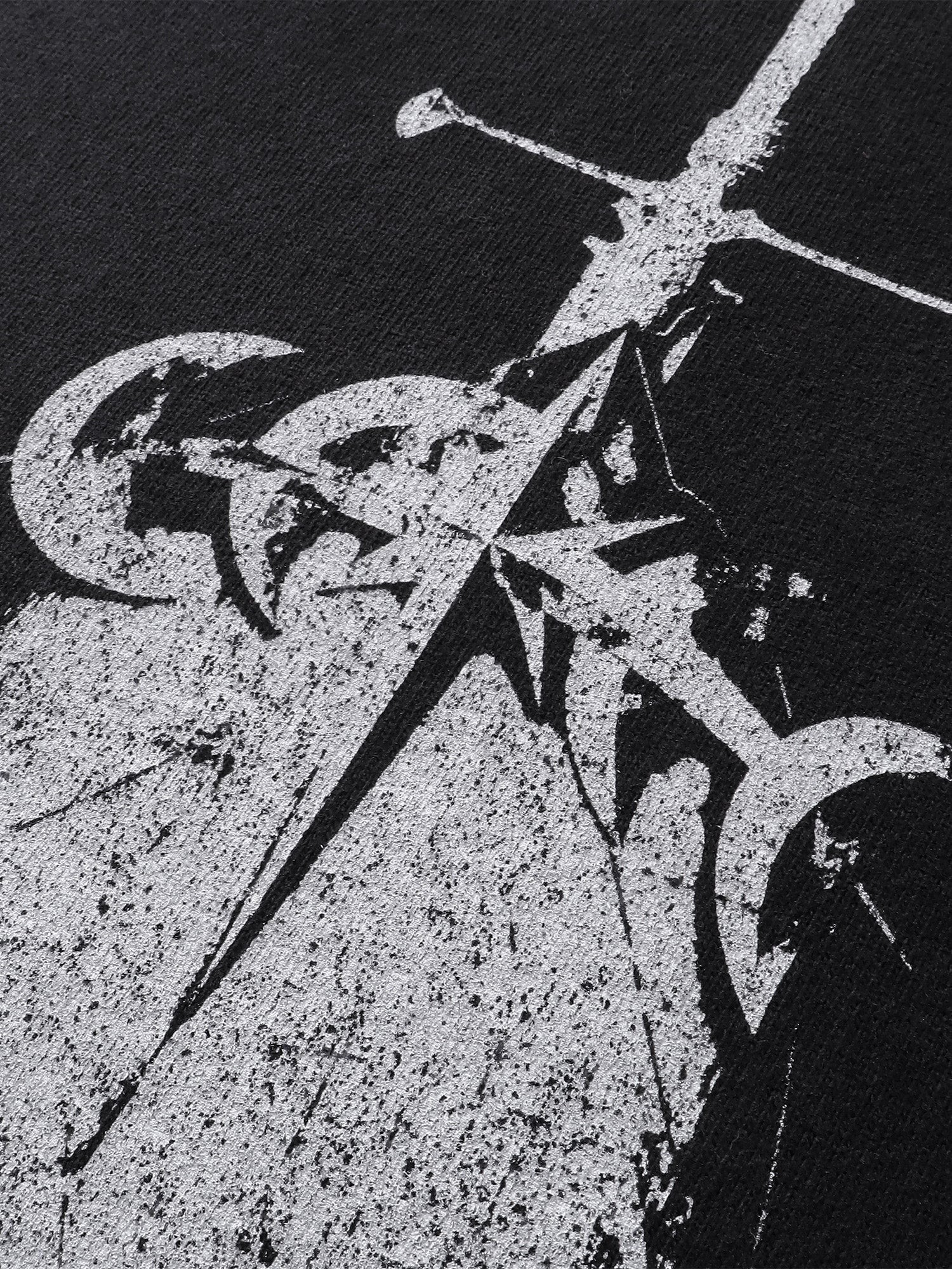 Close-up of the cotton fabric on TBHNP dark grey Knight & Sword tee — men's streetwear detail