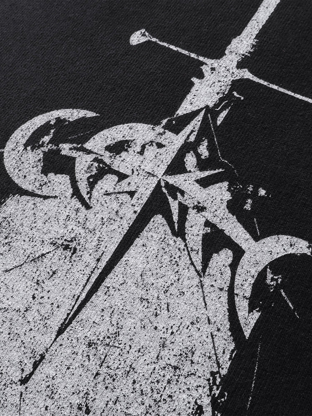 Close-up of the cotton fabric on TBHNP dark grey Knight & Sword tee — men's streetwear detail