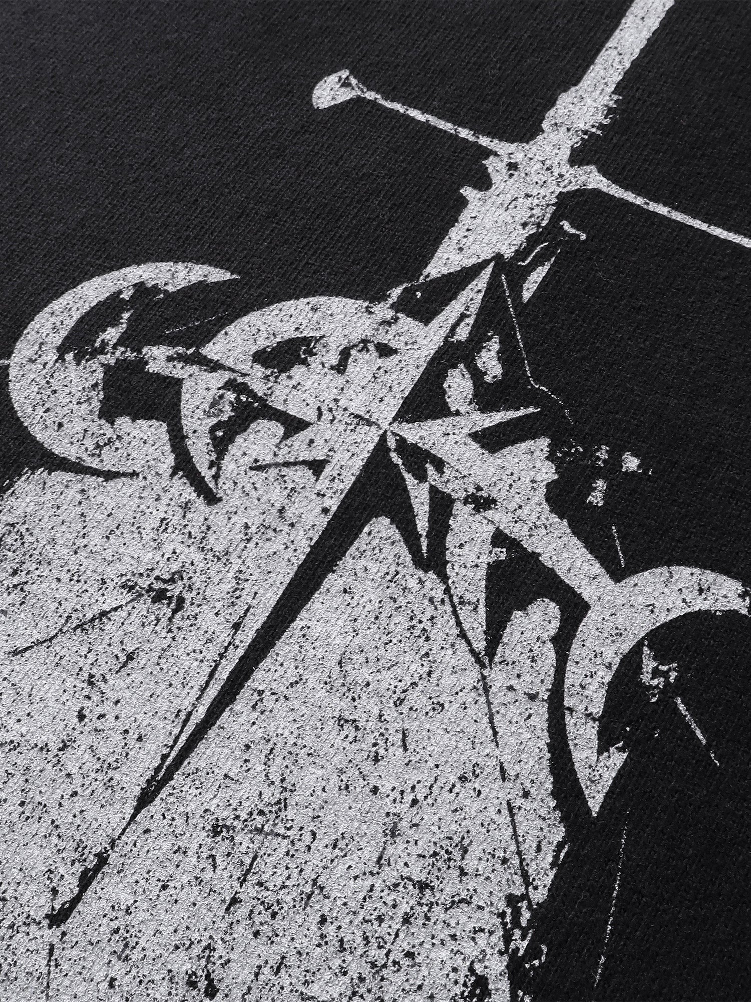Close-up of the cotton fabric on TBHNP dark grey Knight & Sword tee — men's streetwear detail