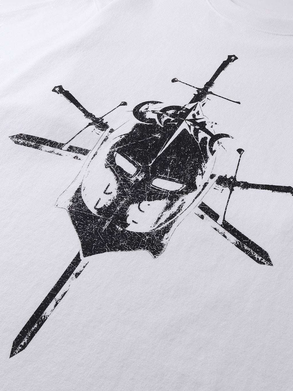 Close-up of the distressed knight print on TBHNP white tee — men's streetwear detail