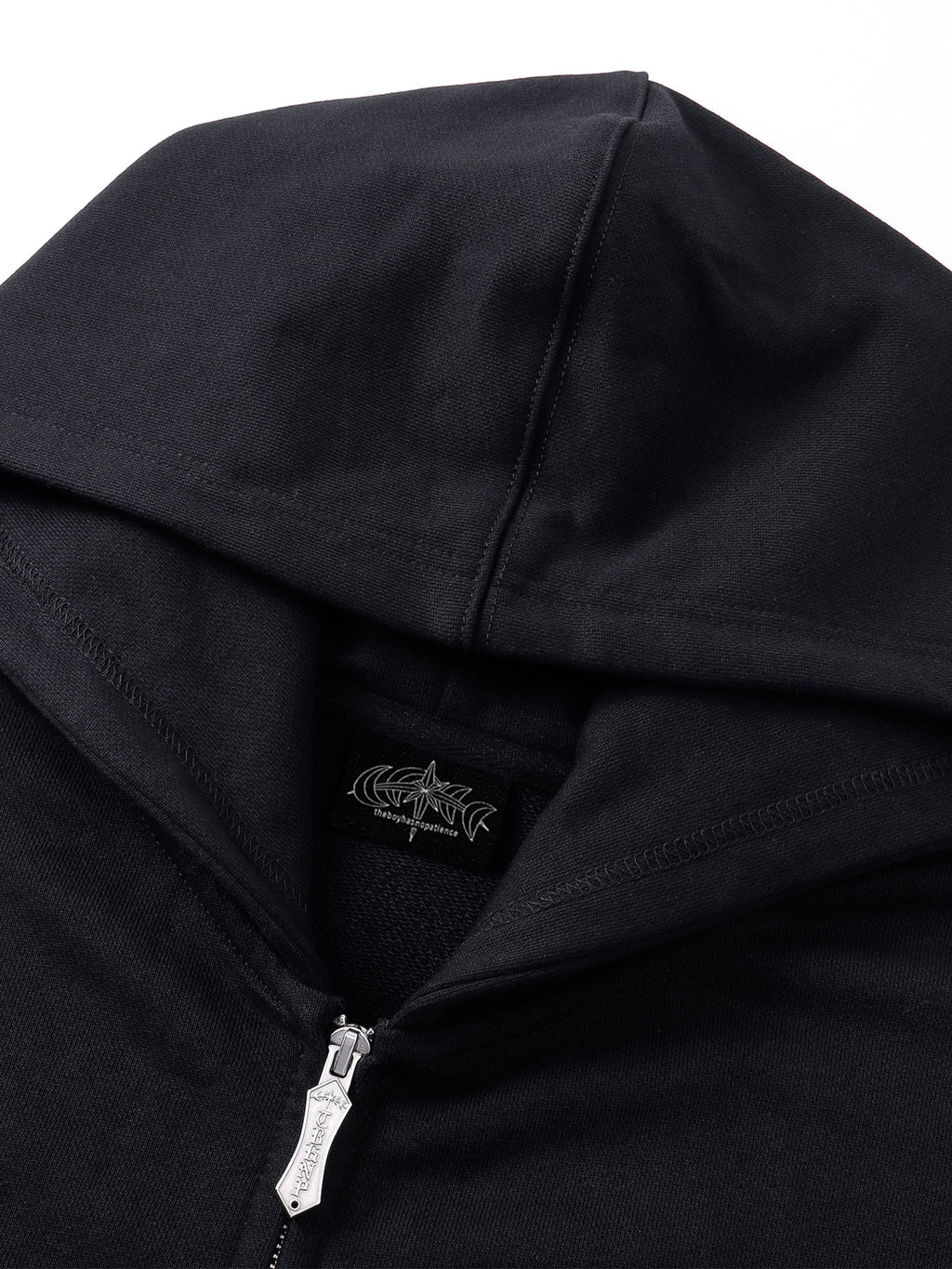 Grey Blue Leather Patch Zip Hoodie, front product detail.