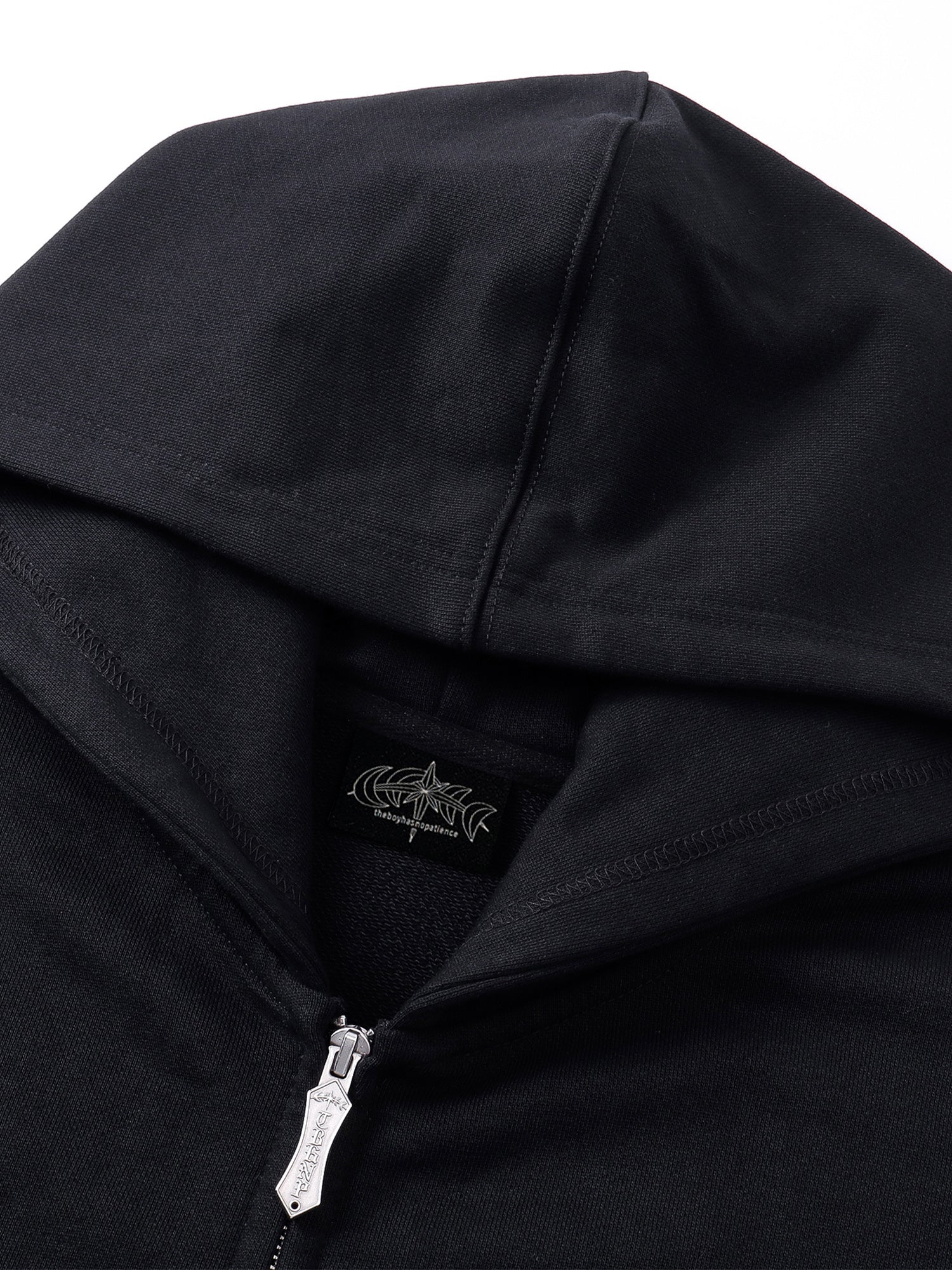 Grey Blue Leather Patch Zip Hoodie, front product detail.