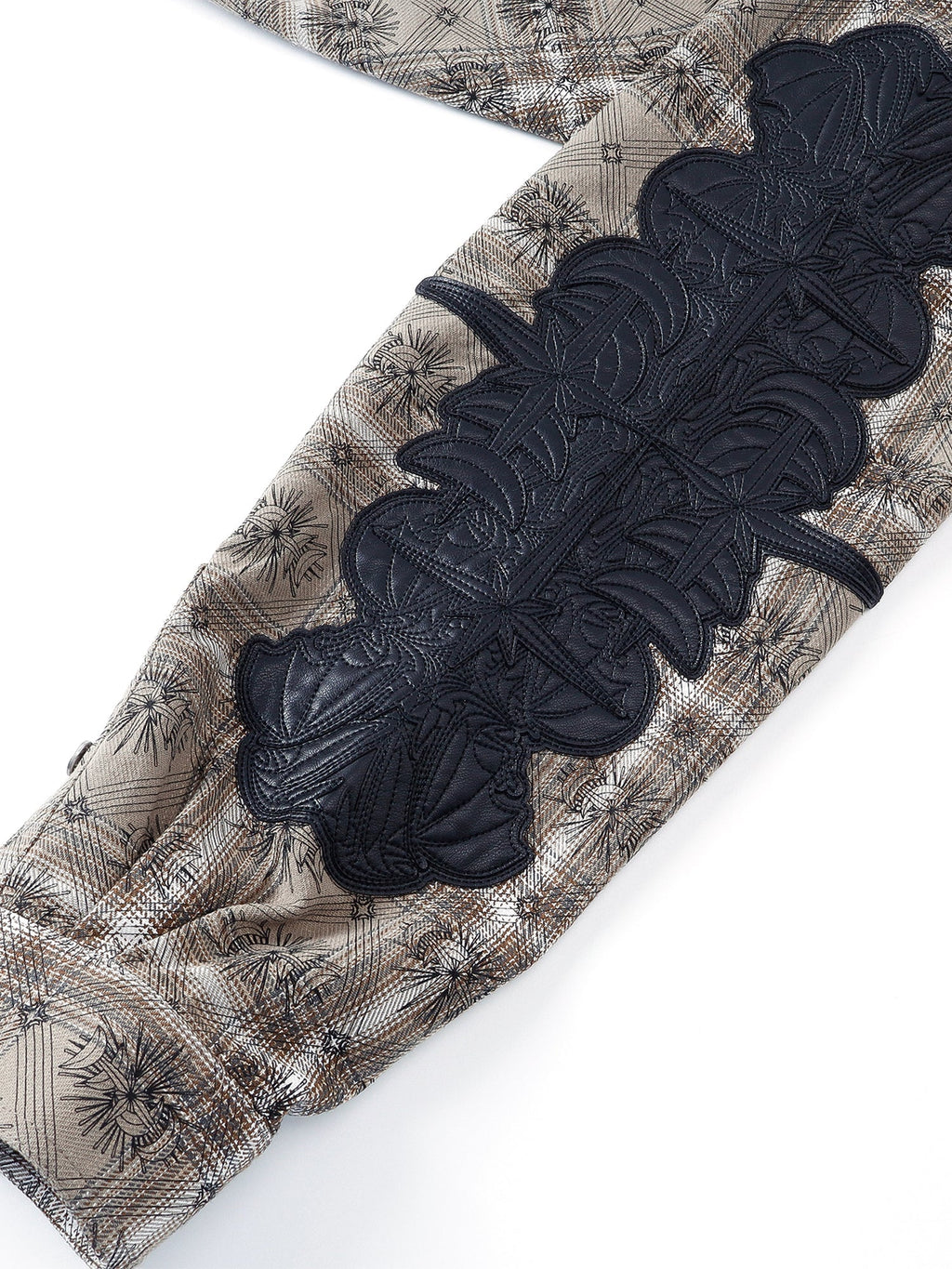 Dark Grey plaid shirt sleeve star-patch detail.