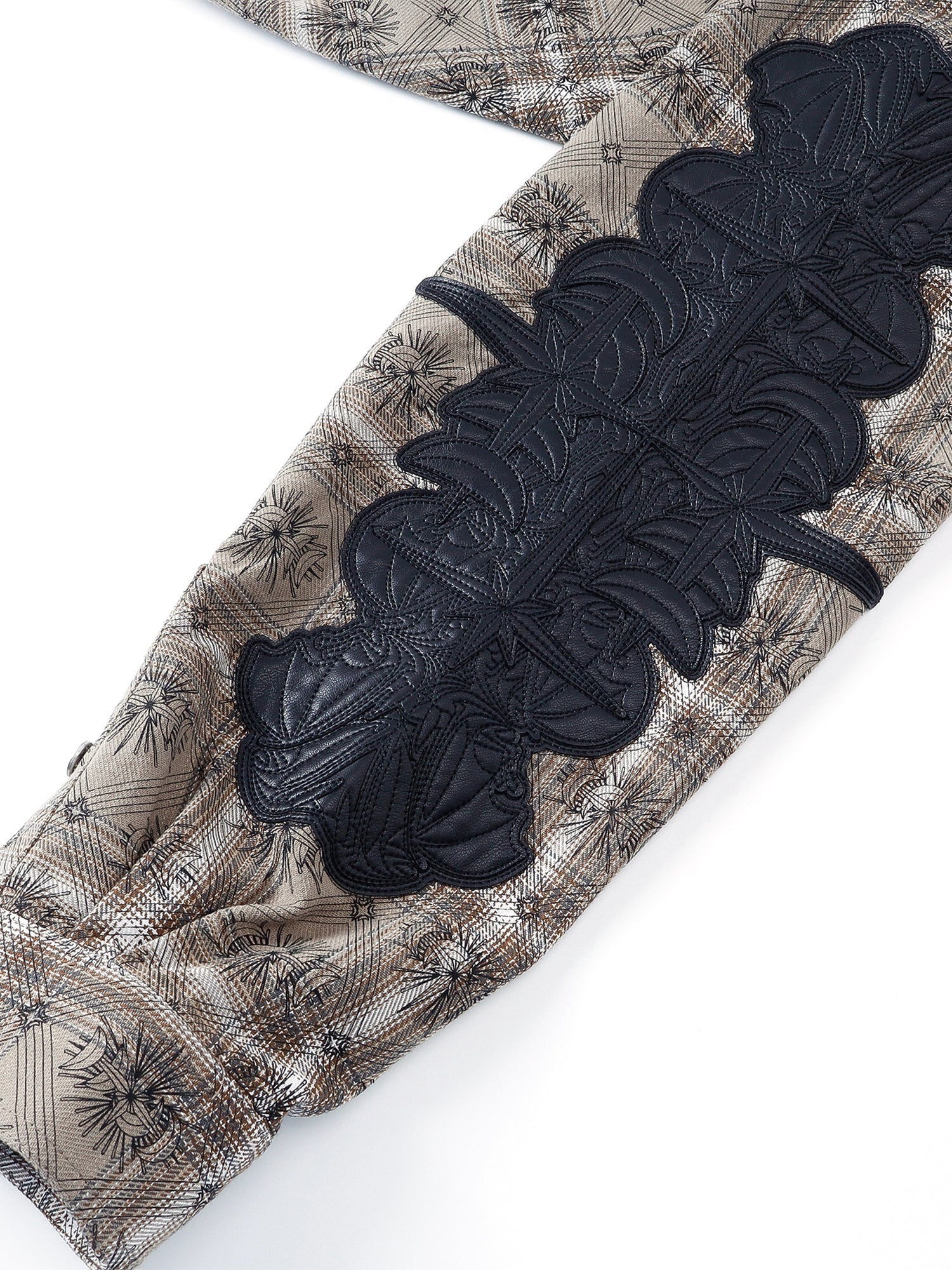 Dark Grey plaid shirt sleeve star-patch detail.