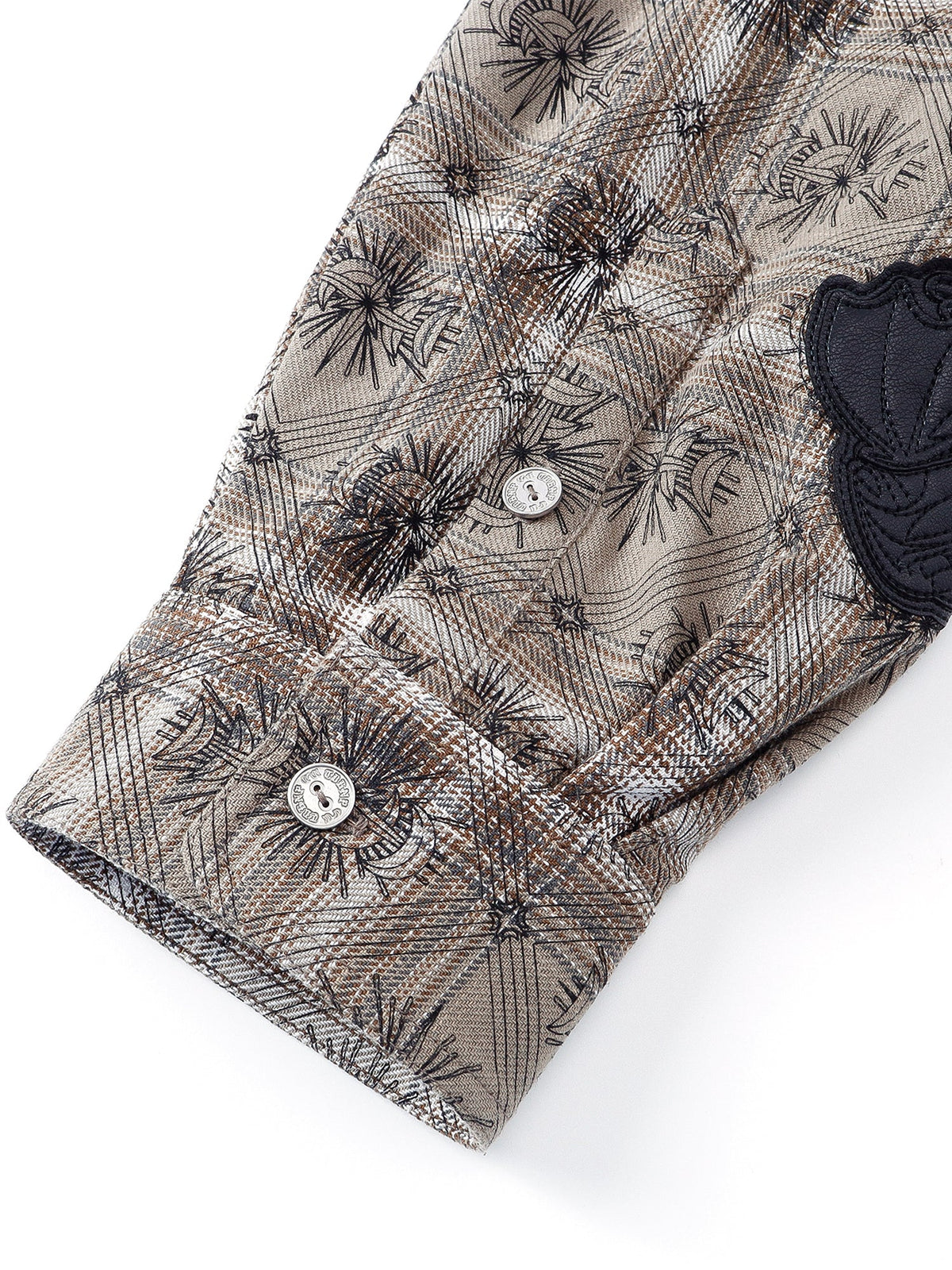 Dark Grey plaid shirt cuff and fabric detail.