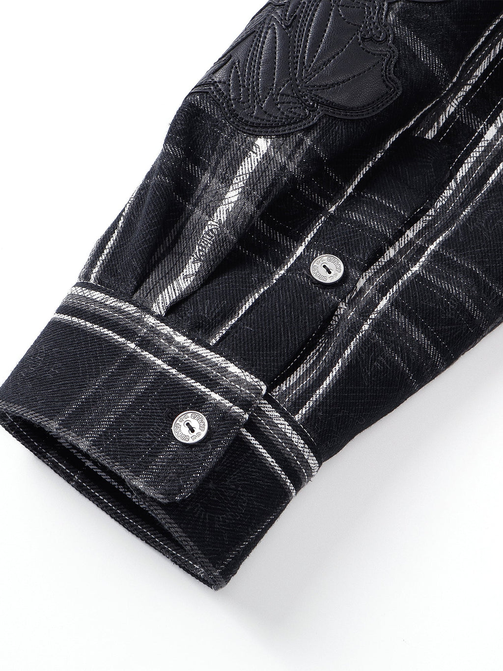 Greenish Yellow plaid shirt cuff and fabric detail.