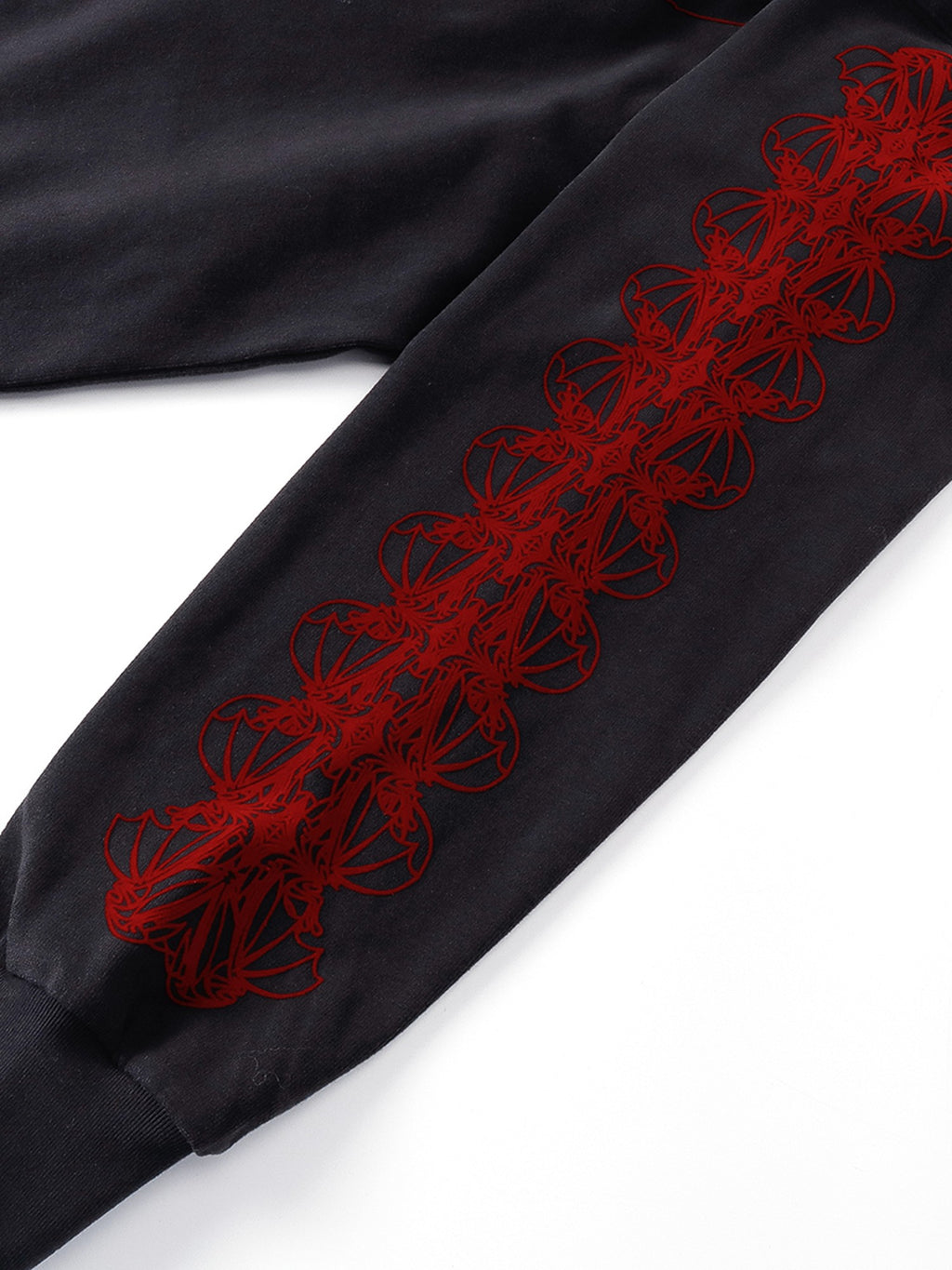 Red flocked sleeve artwork on Dark Grey long-sleeve tee