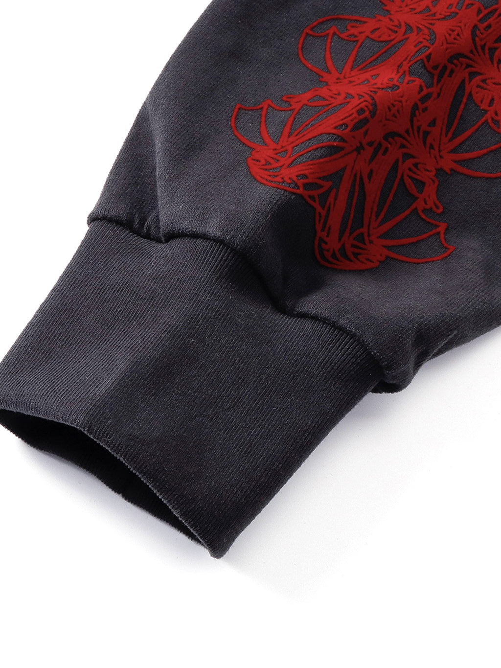 Dark Grey ribbed cuff and red flocked sleeve graphic