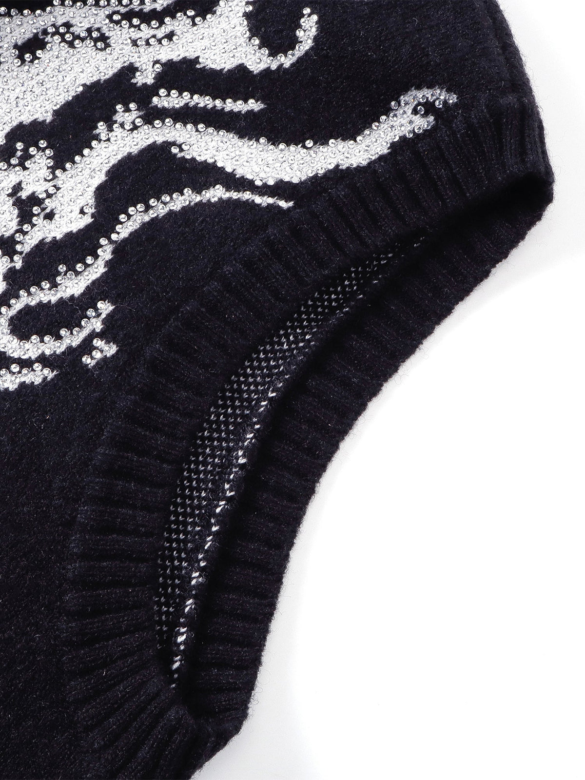 Close-up of the black ribbed crew neck and wool-blend knit texture.
