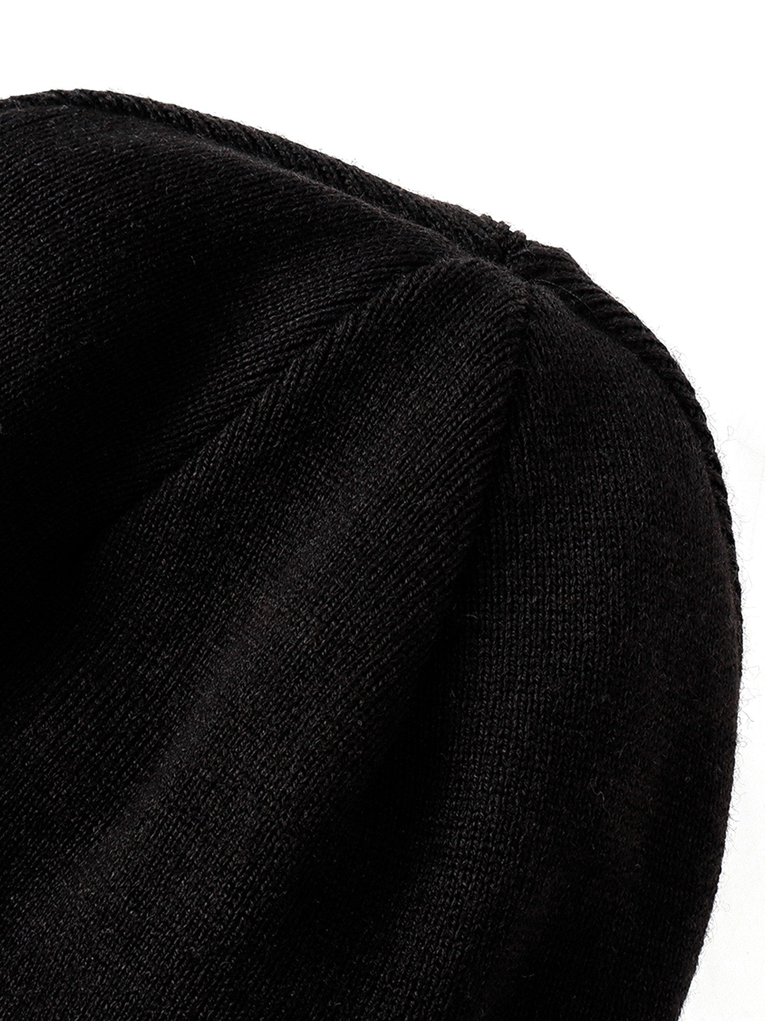 Black wool-blend beanie crown construction and knit texture
