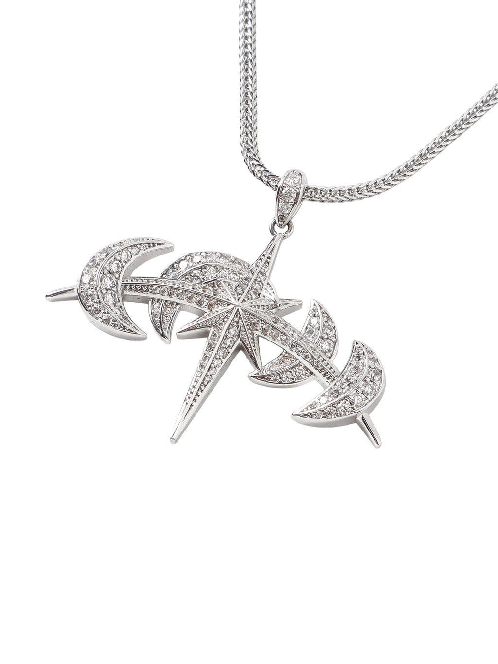 Hand-set cubic zirconia Star Moon pendant, front view