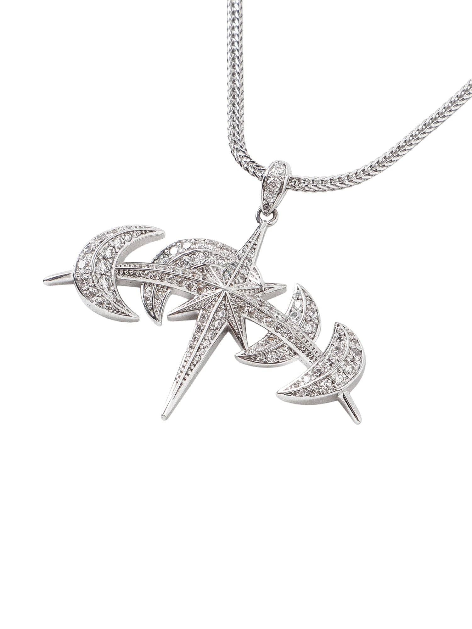 Hand-set cubic zirconia Star Moon pendant, front view