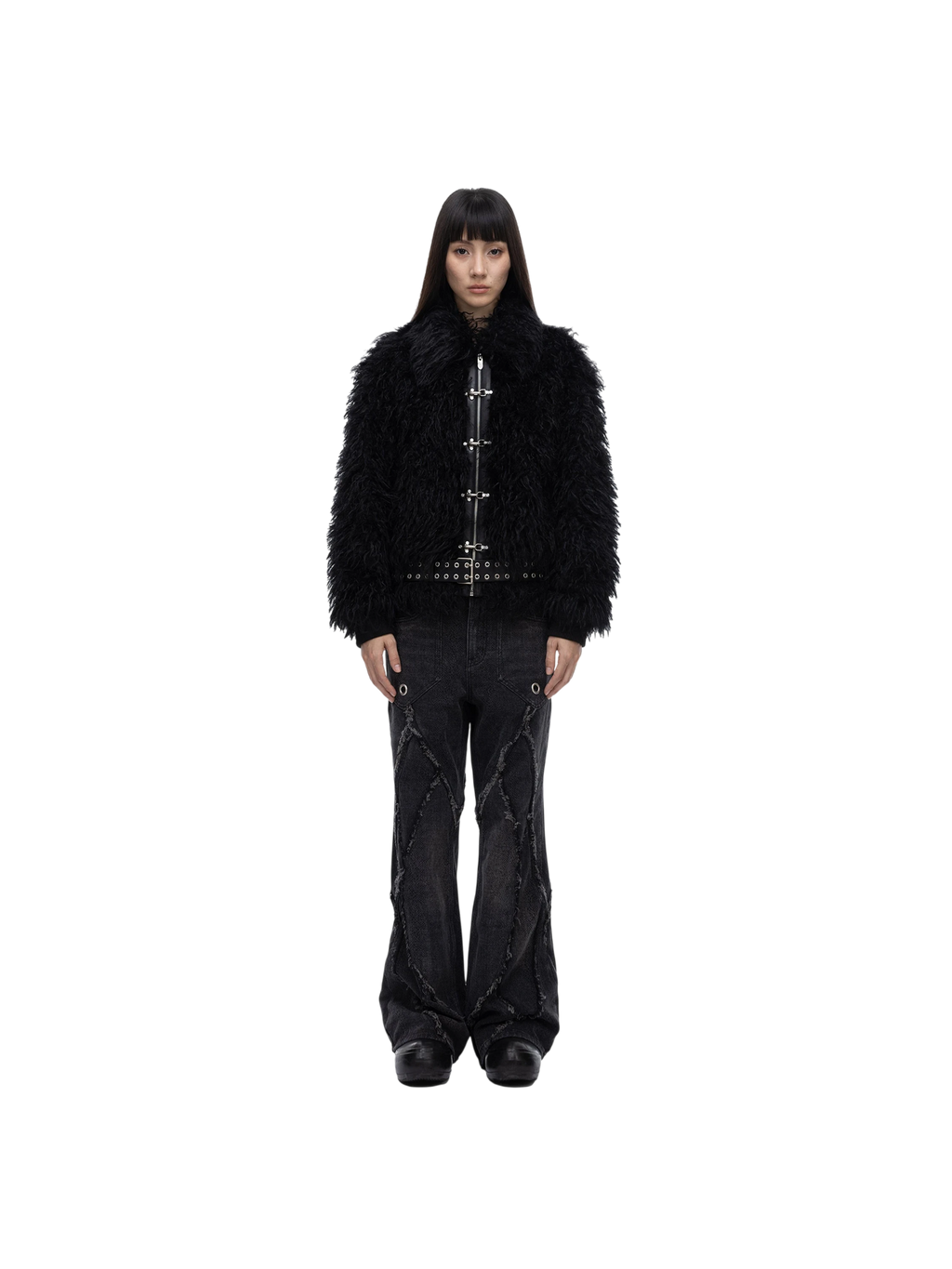 Female model in TBHNP black faux-fur bomber jacket, full-length front — men's streetwear