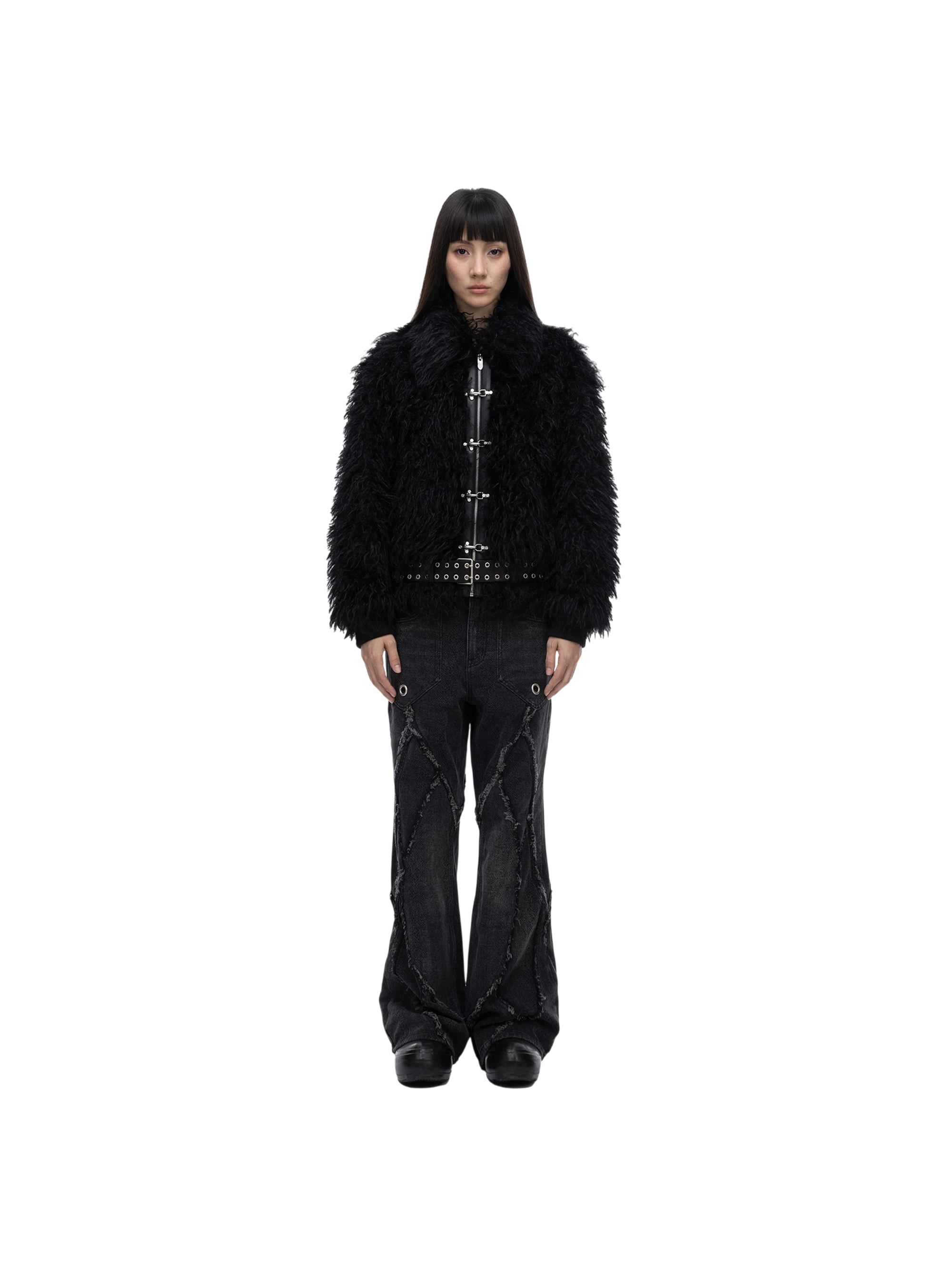 Female model in TBHNP black faux-fur bomber jacket, full-length front — men's streetwear