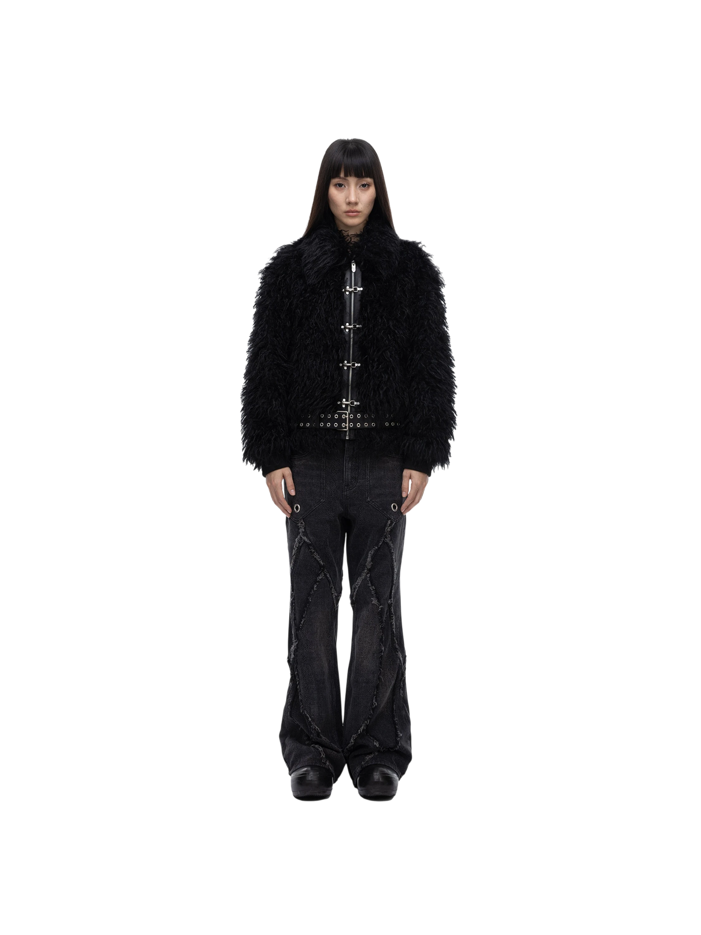 Female model in TBHNP black faux-fur bomber jacket, full-length front — men's streetwear