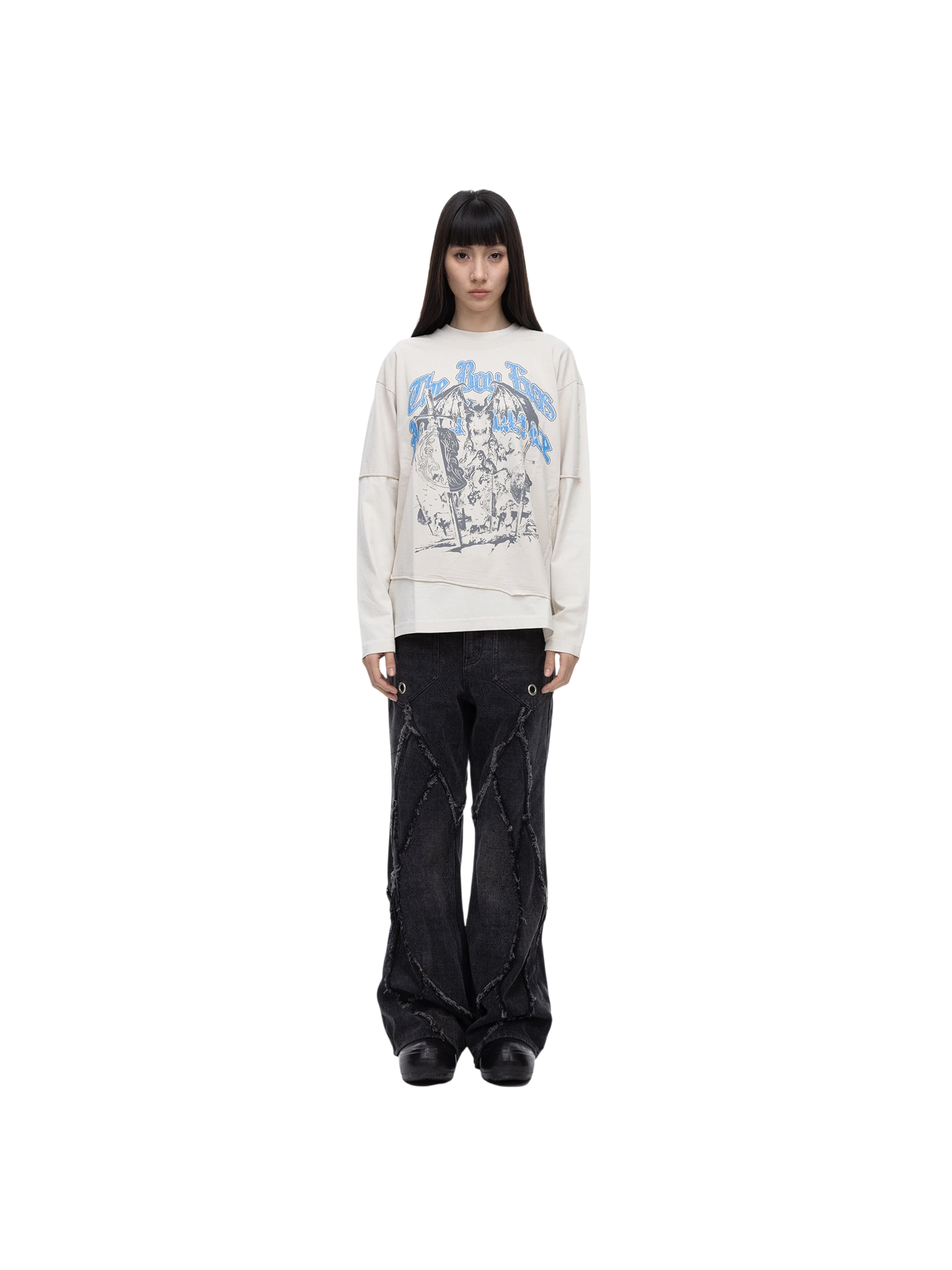 Model in TBHNP grayish-yellow knight long-sleeve tee, full-length front — men's streetwear tee