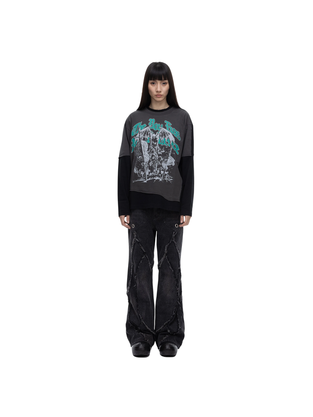 Model in TBHNP black knight long-sleeve tee, full-length front — men's streetwear tee