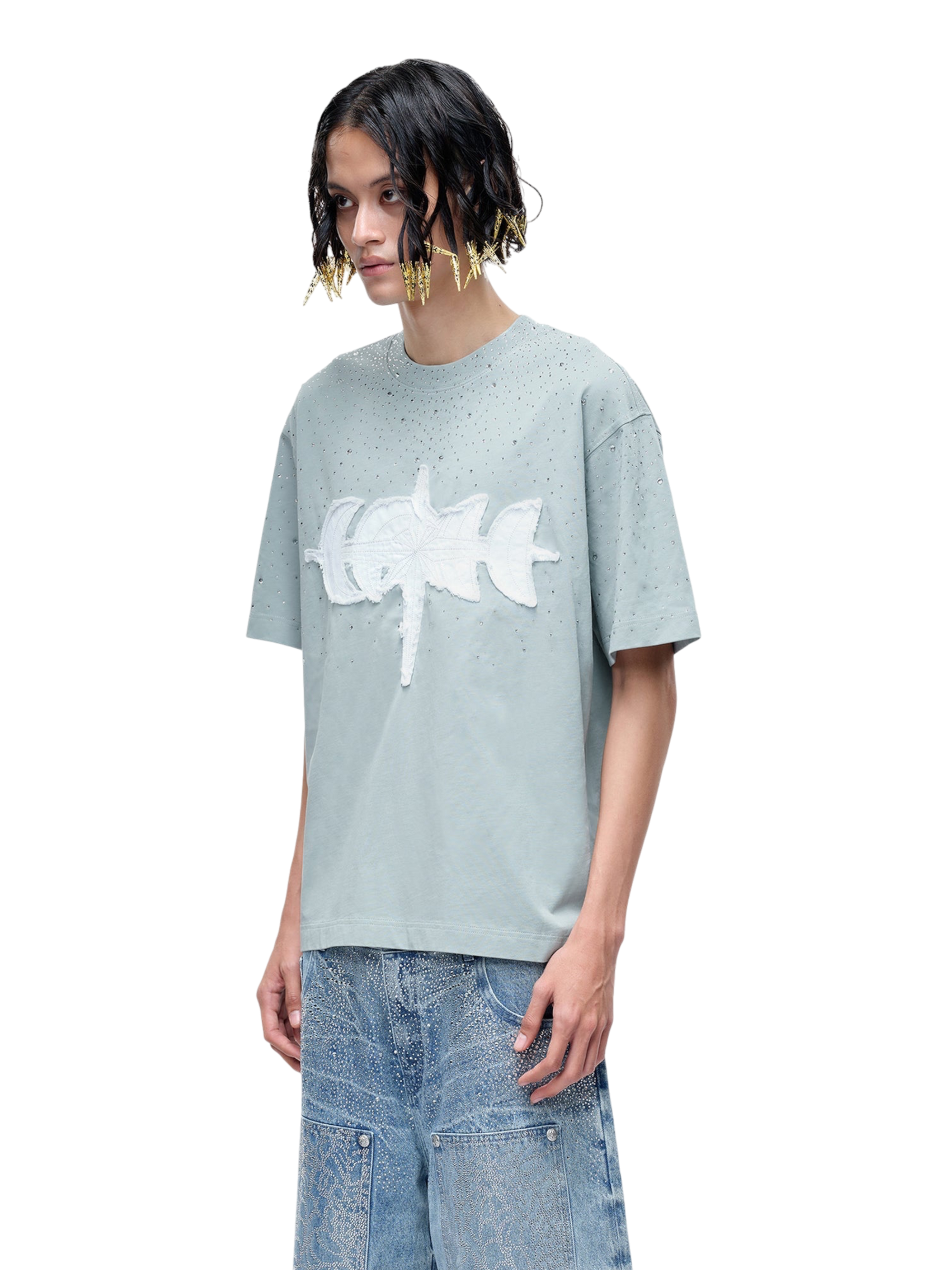 TBHNP Luminous Dawn washed boxy cotton t-shirt with rhinestones and patch embroidery — men's streetwear graphic tee