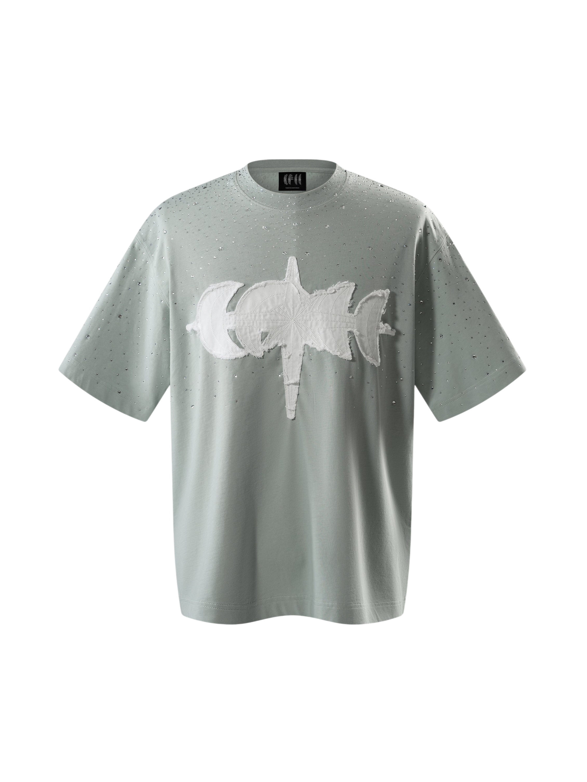 TBHNP Luminous Dawn washed boxy cotton t-shirt with rhinestones and patch embroidery — men's streetwear graphic tee