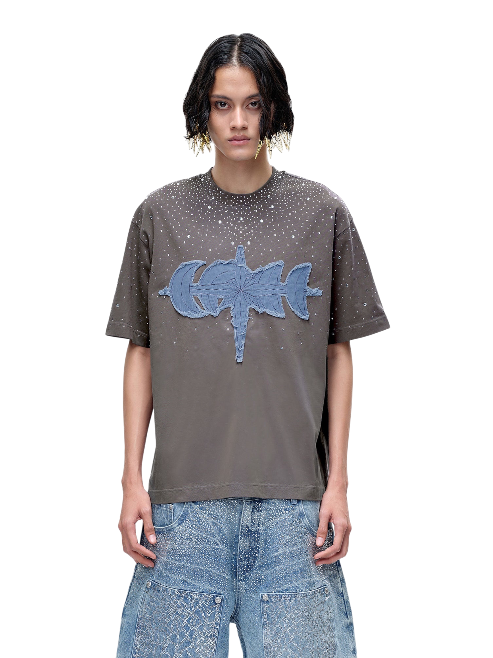 TBHNP Luminous Dawn washed boxy cotton t-shirt with rhinestones and patch embroidery — men's streetwear graphic tee