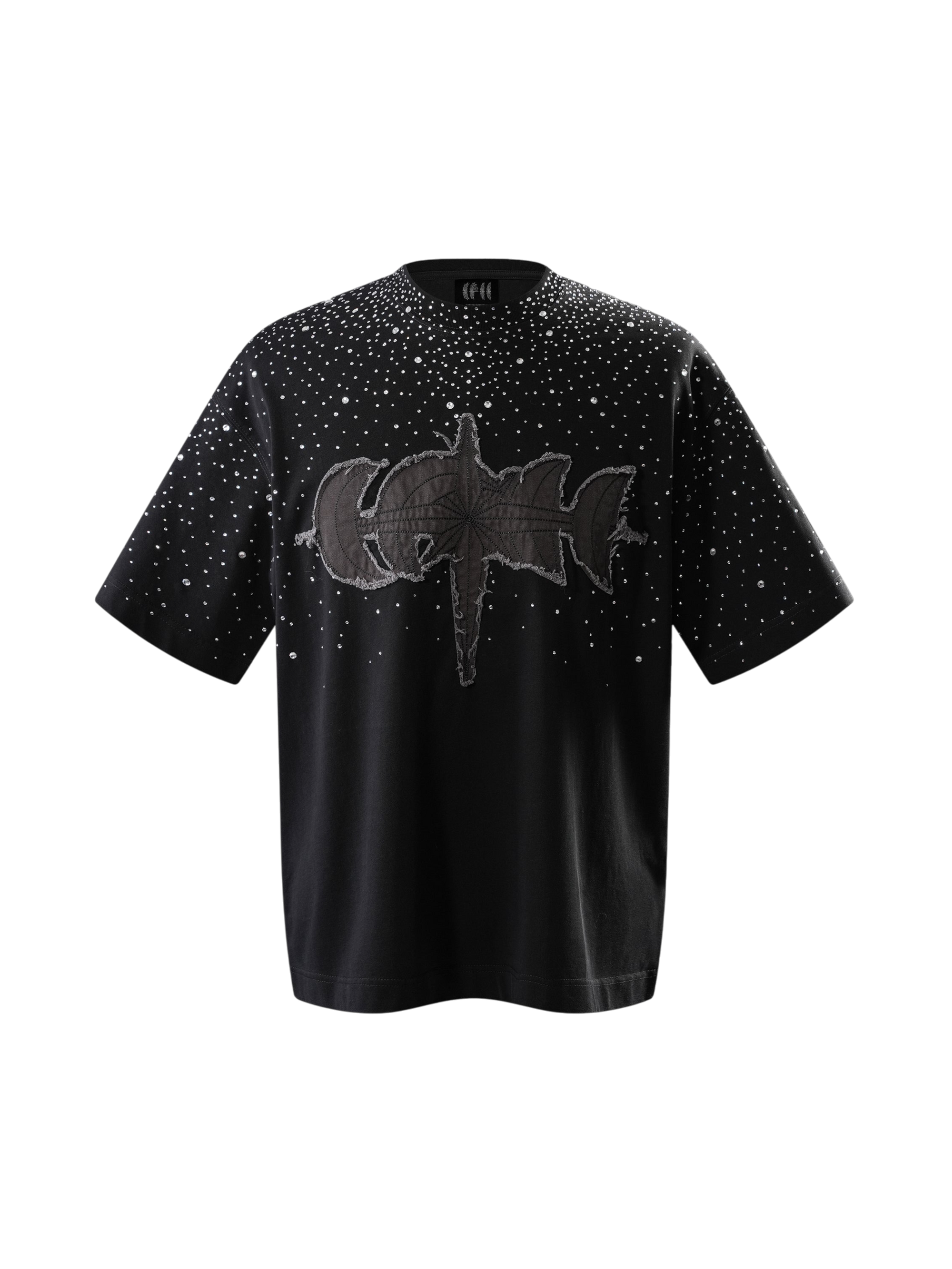 TBHNP Luminous Dawn washed boxy cotton t-shirt with rhinestones and patch embroidery — men's streetwear graphic tee