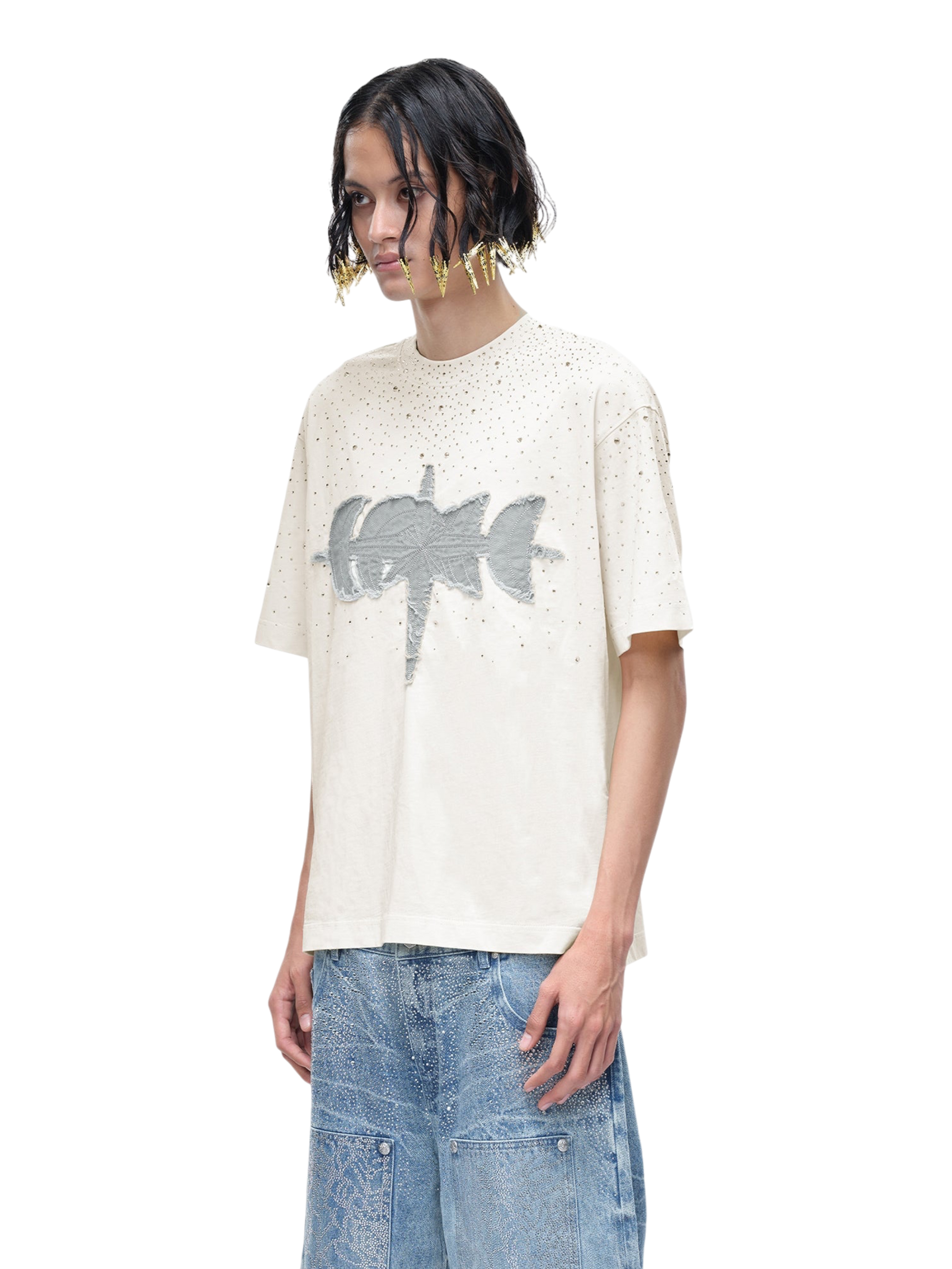 TBHNP Luminous Dawn washed boxy cotton t-shirt with rhinestones and patch embroidery — men's streetwear graphic tee