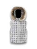 TBHNP Luminous Dawn bat pattern down puffer vest with fur-trim hood in white — men's streetwear gilet