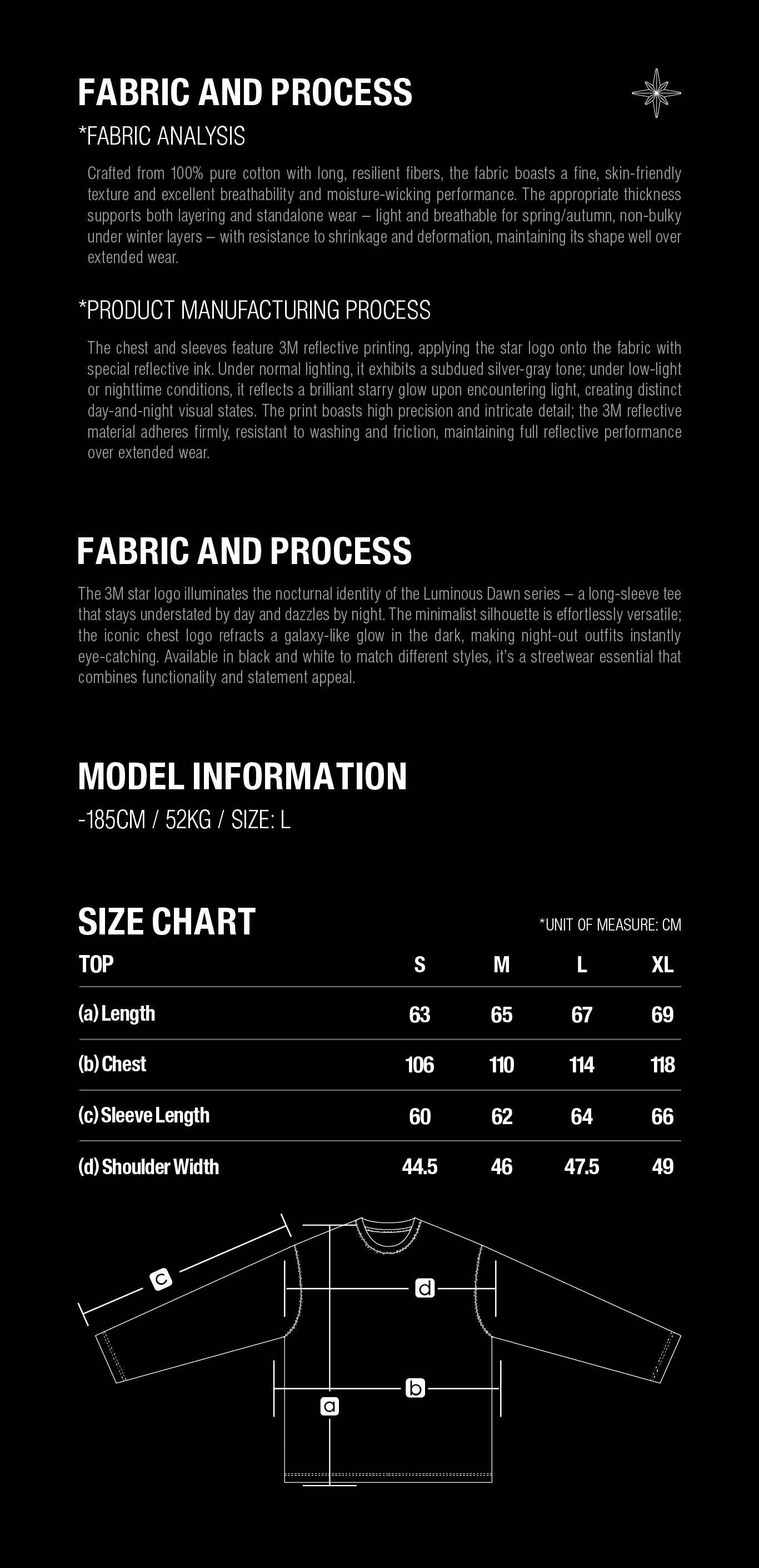 Luminous Dawn 3M reflective star logo long-sleeve T-shirt size guide with S to XL measurements in centimeters