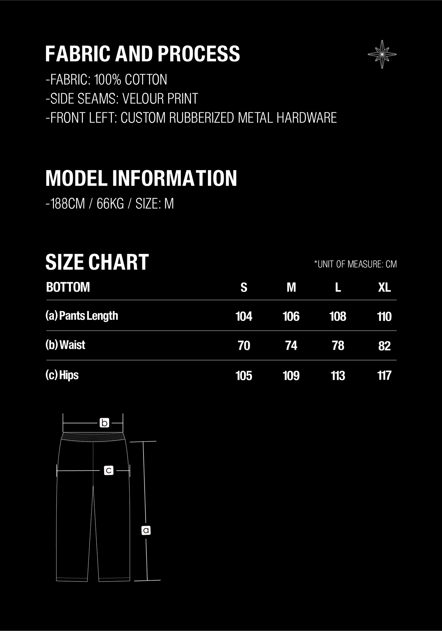 Luminous Dawn astral logo flocked pants size guide with S to XL measurements in centimeters