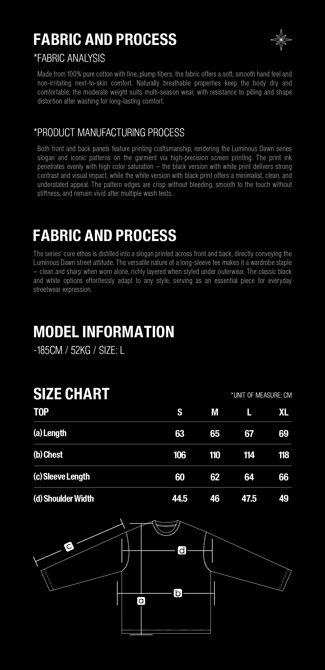 Luminous Dawn slogan print long-sleeve T-shirt size guide with S to XL measurements in centimeters