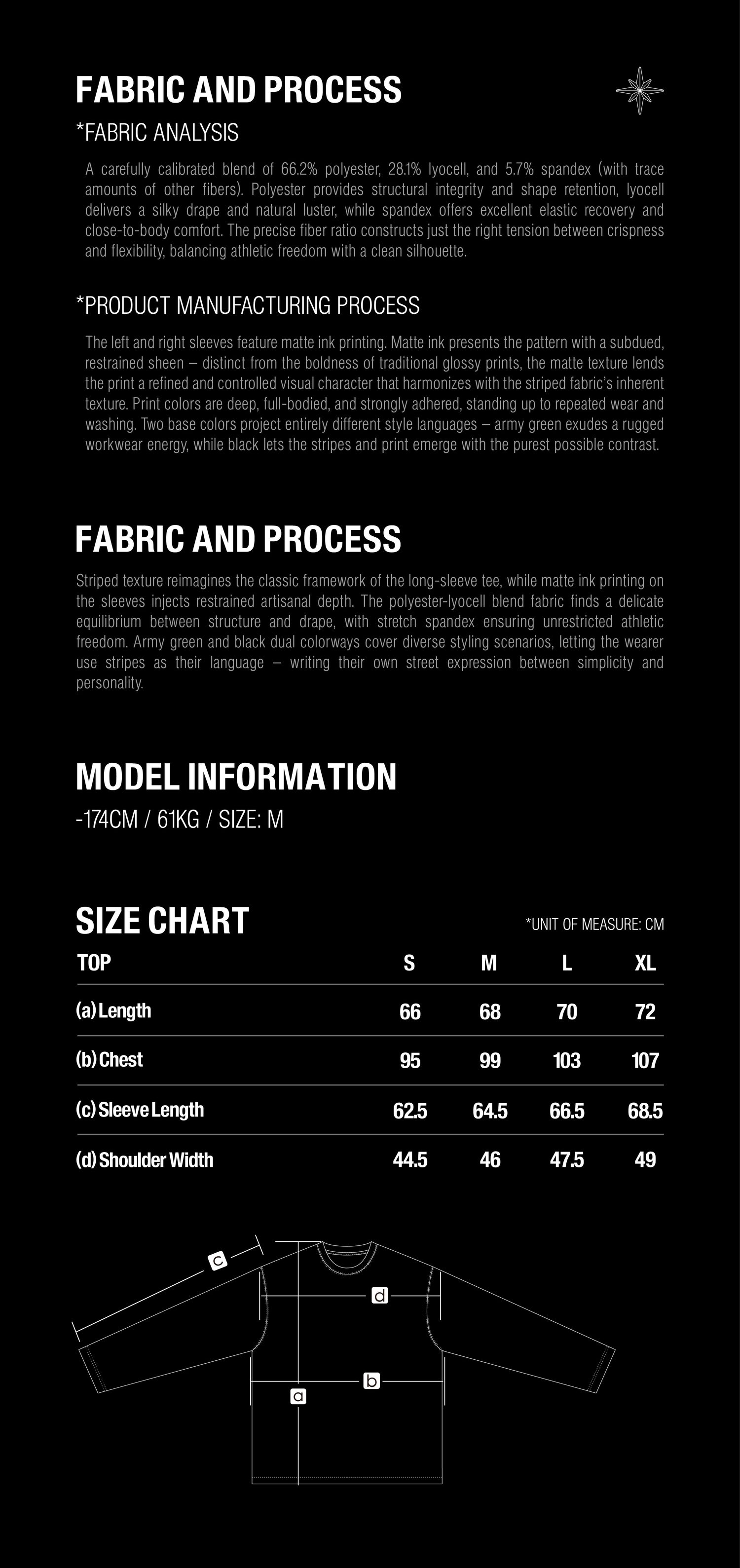 Luminous Dawn striped long-sleeve tee size guide with S to XL measurements in centimeters