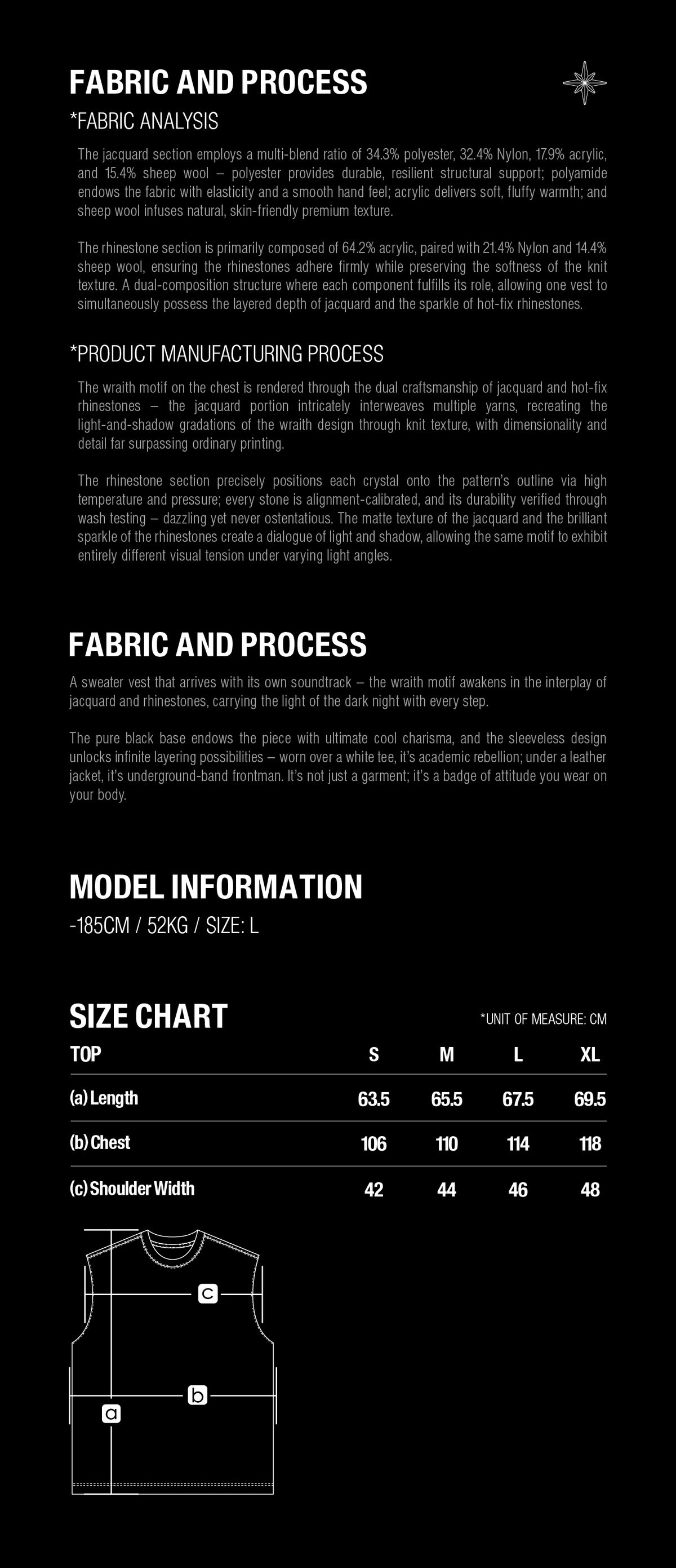 TBHNP Luminous Dawn Wraith Rhinestone Sweater Vest size guide with garment measurements in centimeters.
