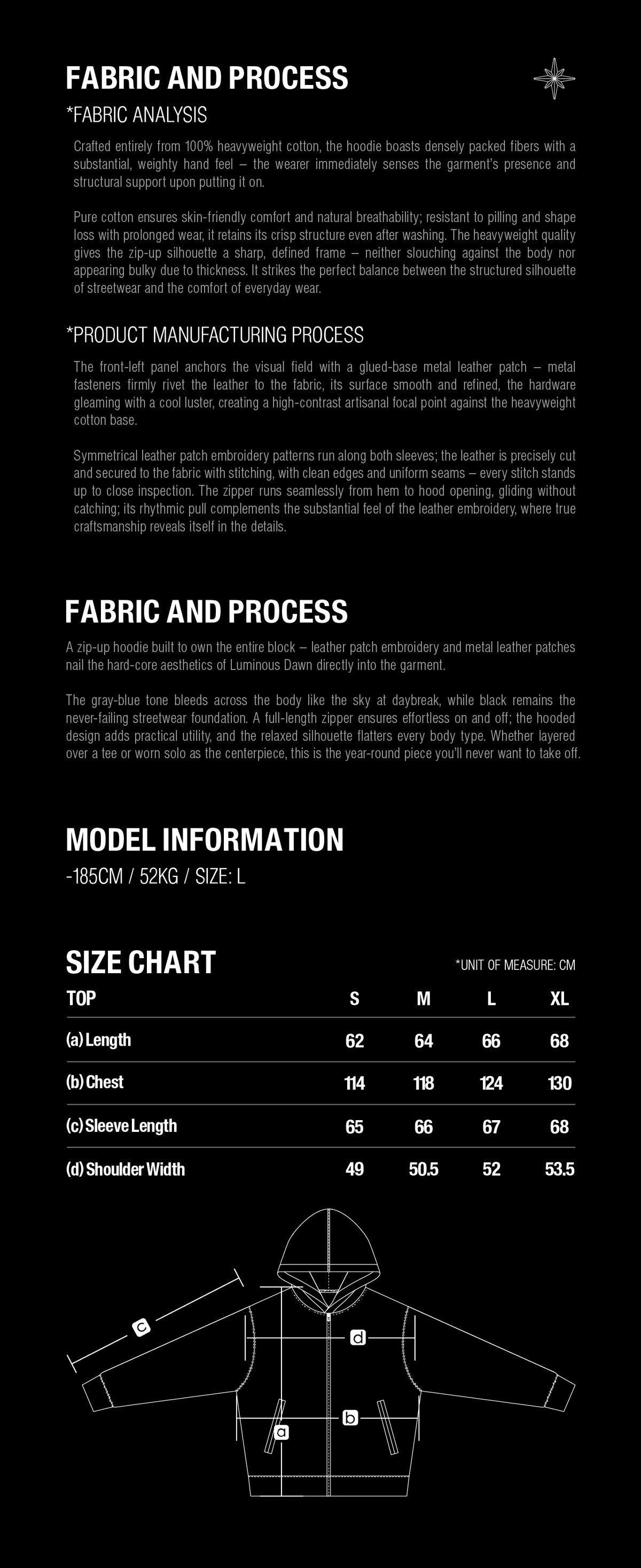 TBHNP Luminous Dawn Leather Patch Zip Hoodie size guide with garment measurements in centimeters.
