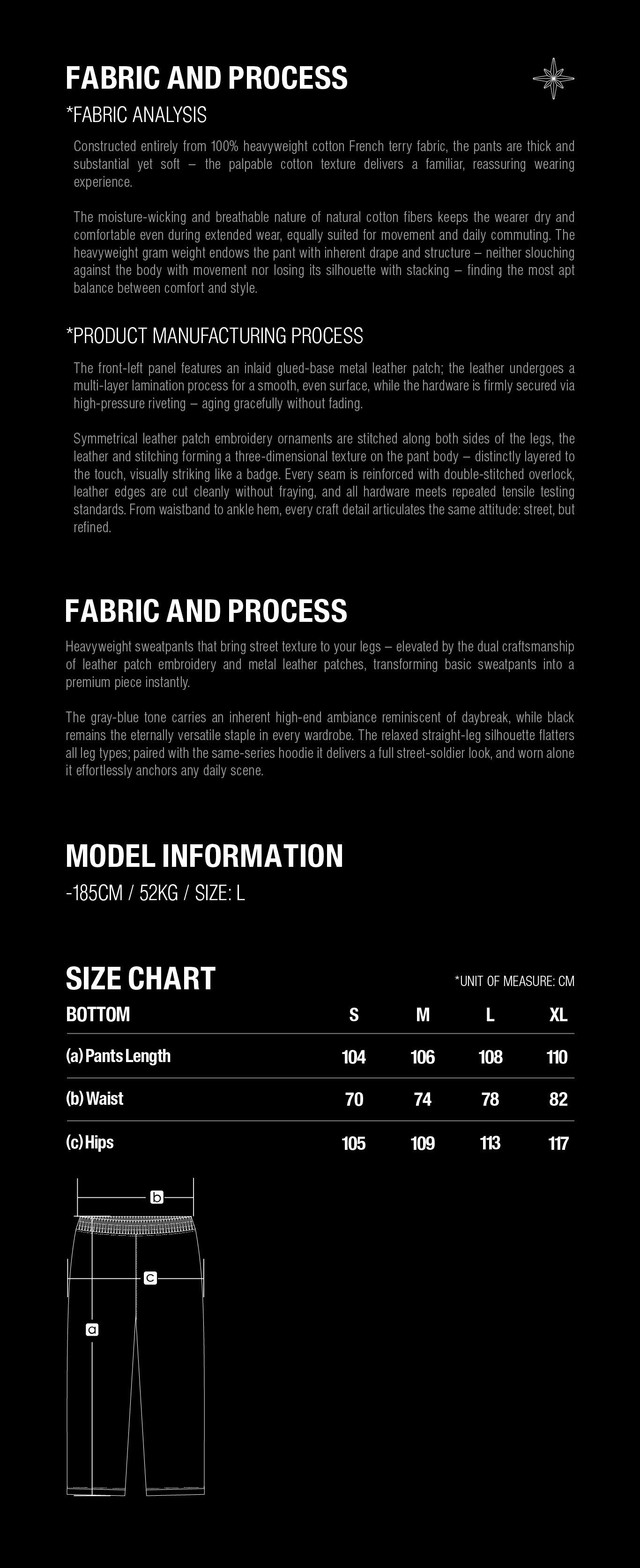 TBHNP Luminous Dawn Leather Patch Pants size guide with garment measurements in centimeters.