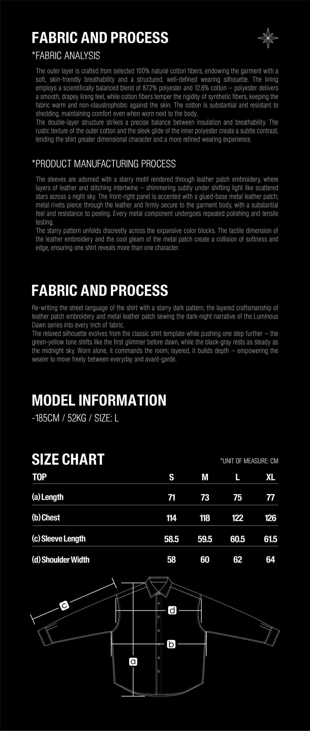 TBHNP Luminous Dawn Starry Pattern Leather Patch Shirt size guide with garment measurements in centimeters.