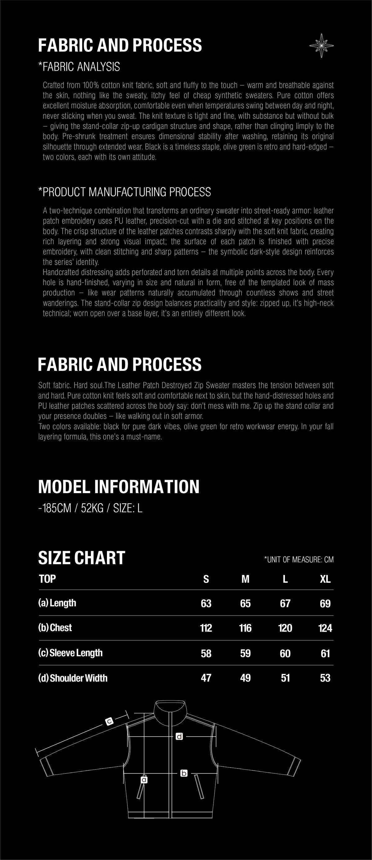 TBHNP T260007 fabric details and size guide, garment measurements in centimeters, sizes S to XL.