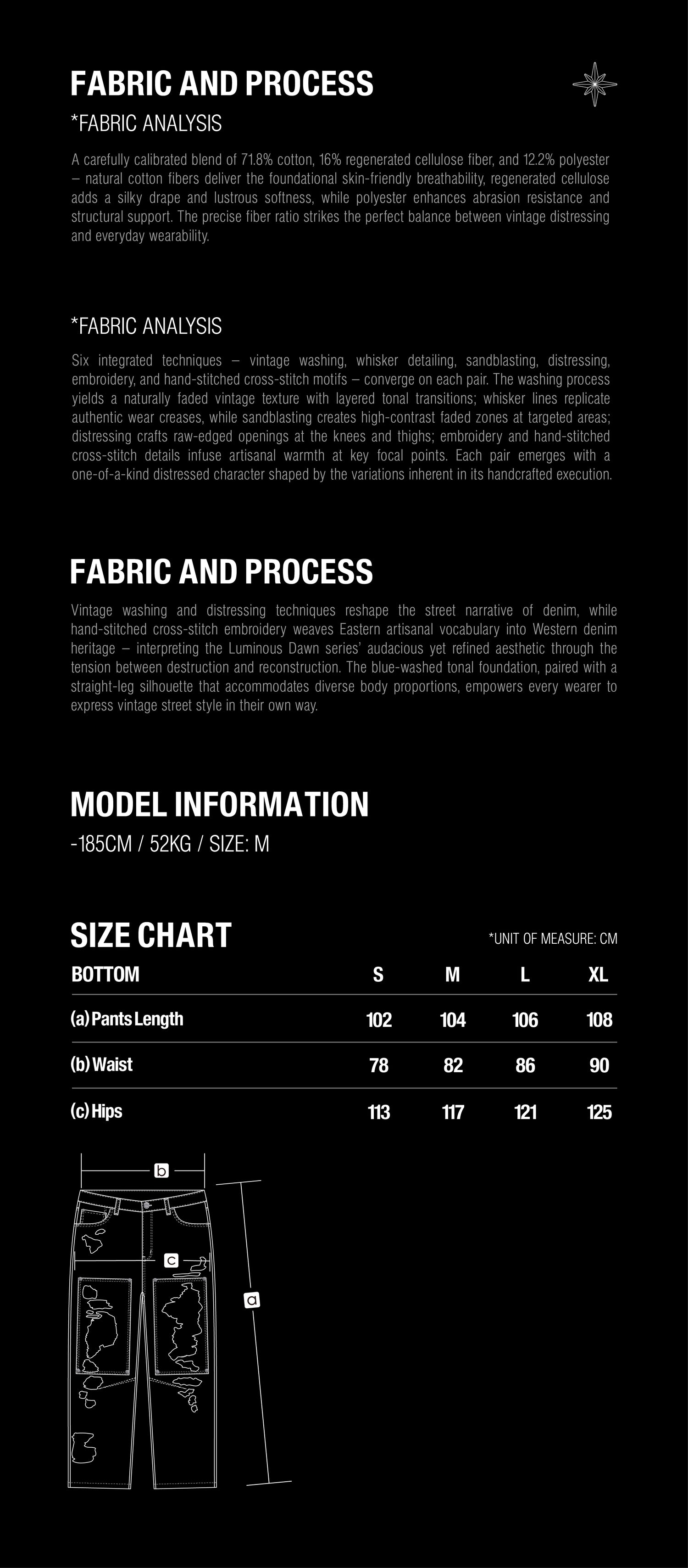 Size guide for TBHNP Luminous Dawn Washed Jeans, sizes S to XL in centimeters