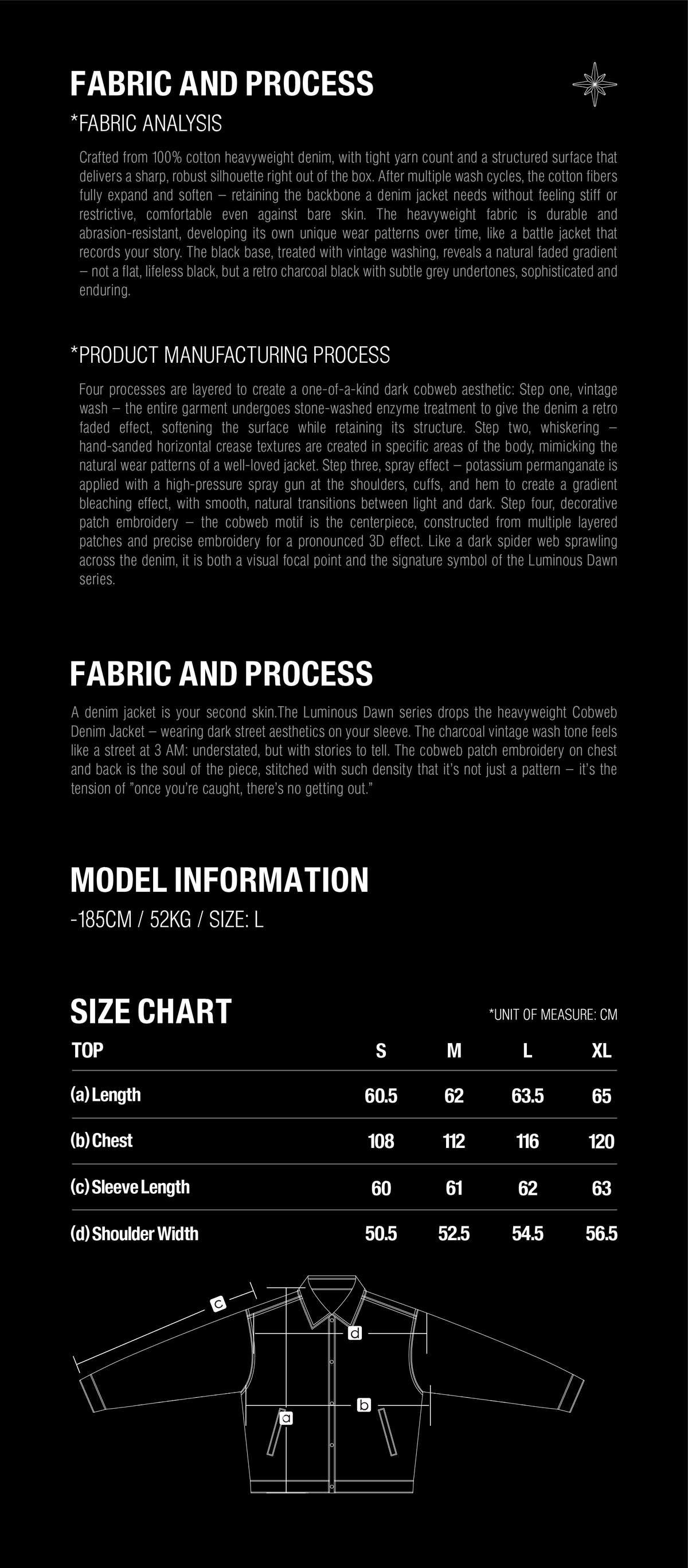 TBHNP T260016 fabric details and size guide, garment measurements in centimeters, sizes S to XL.