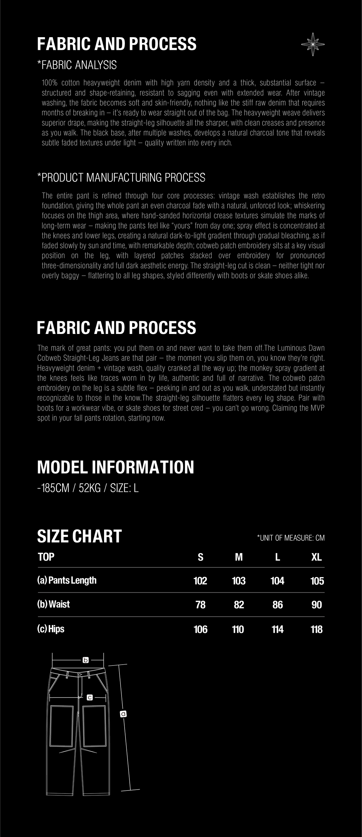TBHNP T260017 fabric details and size guide, garment measurements in centimeters, sizes S to XL.