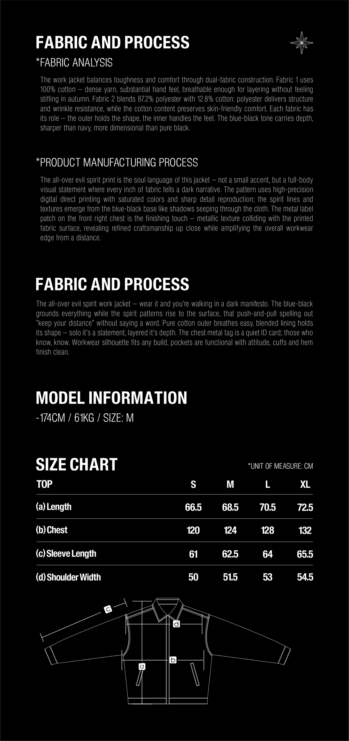 TBHNP T260046 fabric details and size guide. Garment measurements in centimeters.