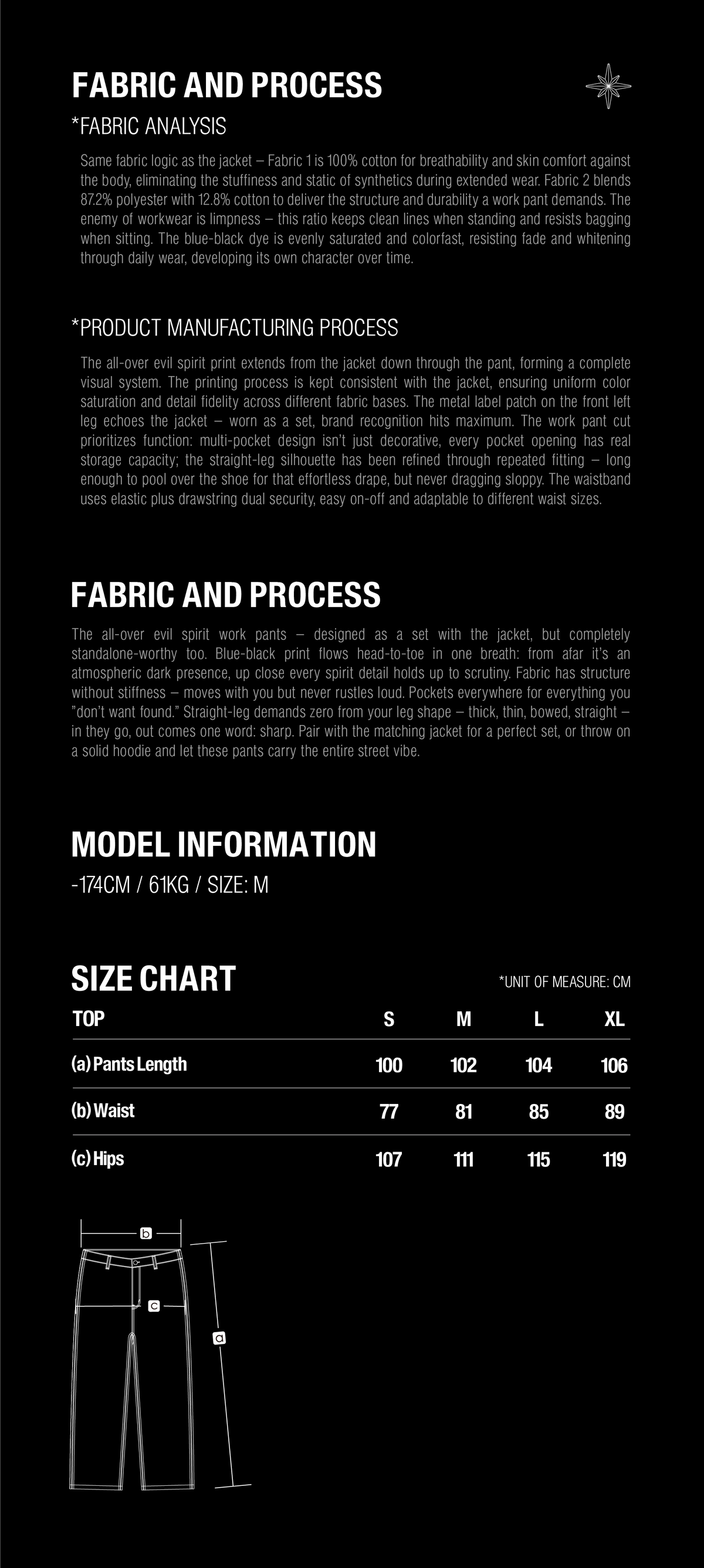 TBHNP T260047 fabric details and size guide. Garment measurements in centimeters.