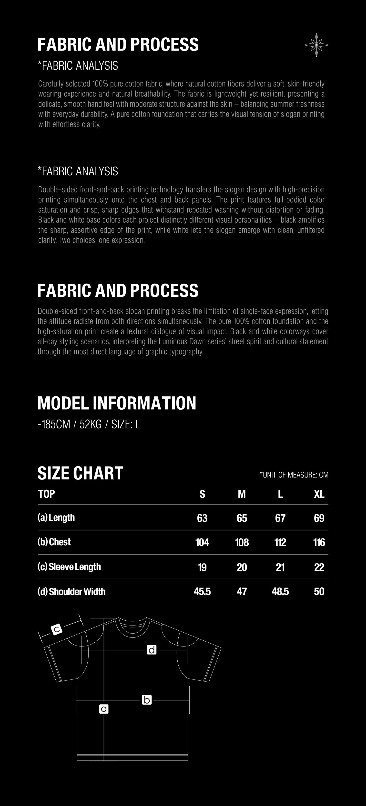 Size guide for TBHNP Luminous Dawn Slogan Print T-Shirt, sizes S to XL in centimeters