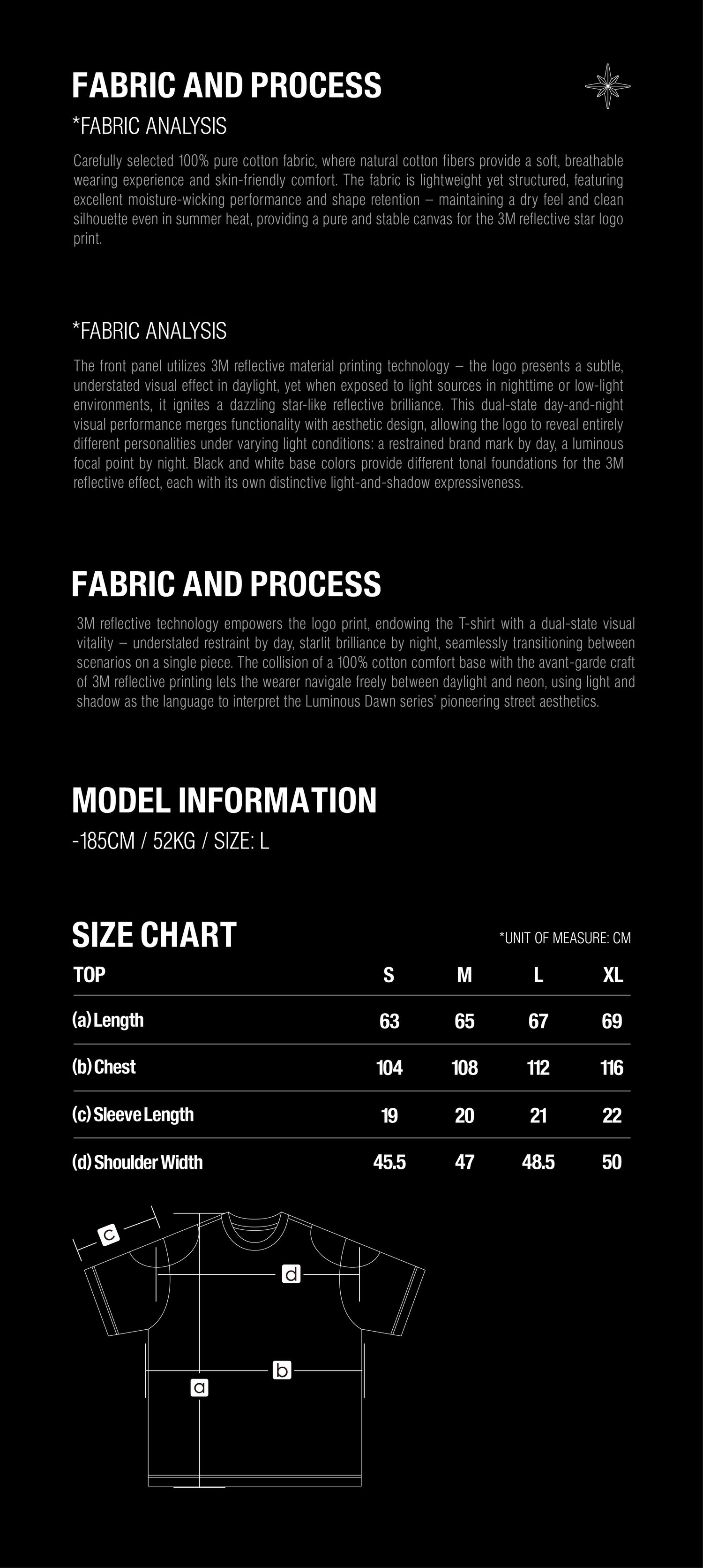 Size guide for TBHNP Luminous Dawn 3M Reflective Star Logo T-Shirt, sizes S to XL in centimeters