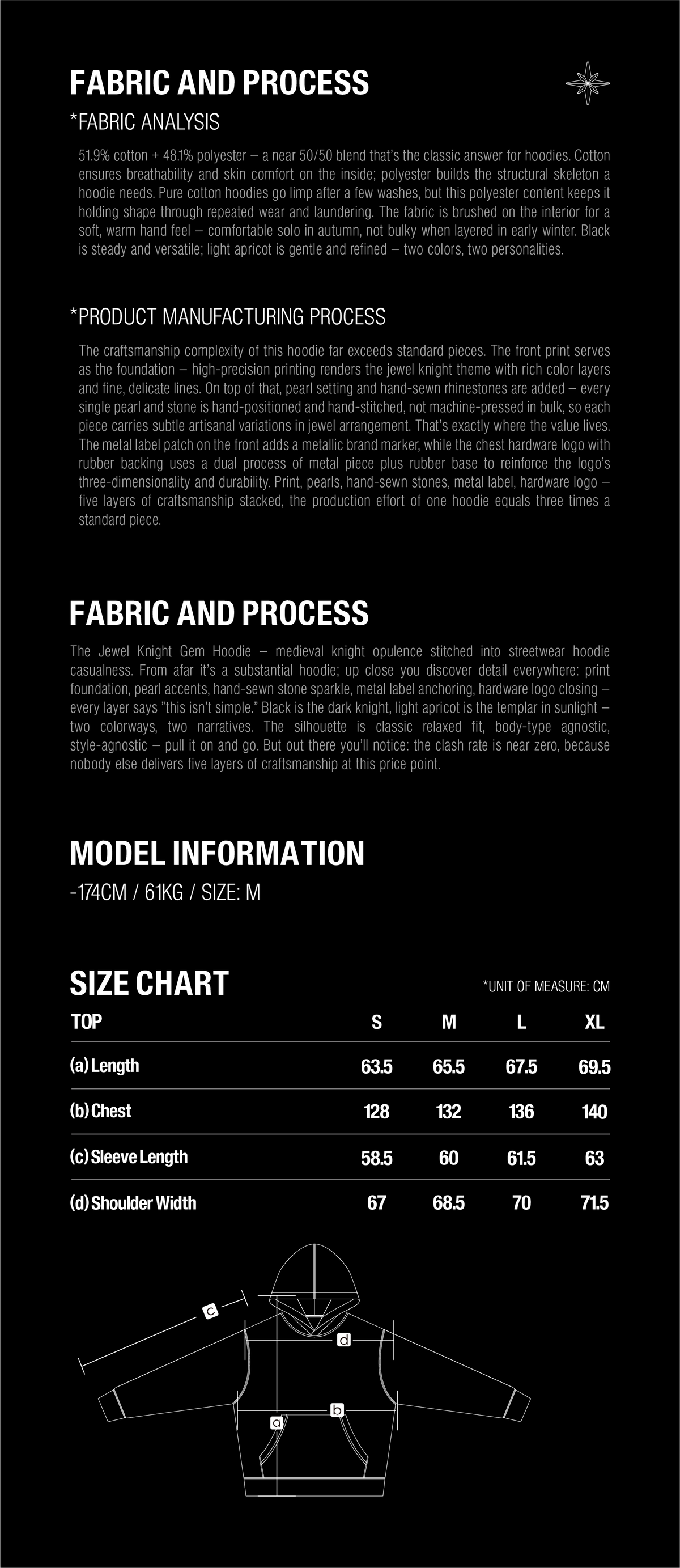TBHNP T260053 fabric details and size guide. Garment measurements in centimeters.